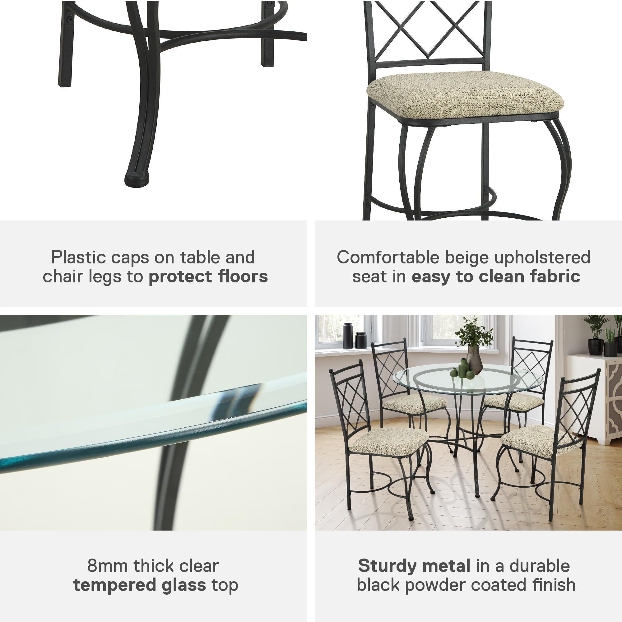 DHP Traditional Glass Top Metal 5-Piece Dinette, Black/Beige - Image 4