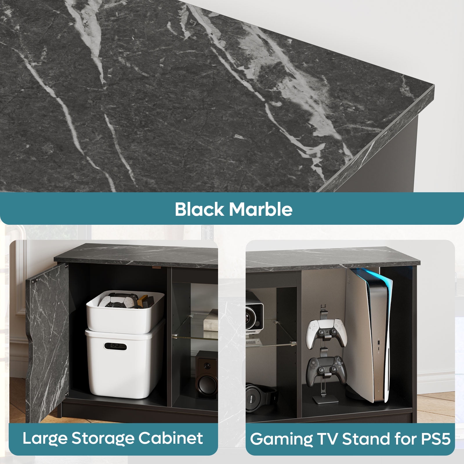 Bestier LED TV Stand for 60/65 inch TV PS5 Gaming Entertainment Center for TVs with Storage Cabinet for Living Room, Black Marble - Image 8