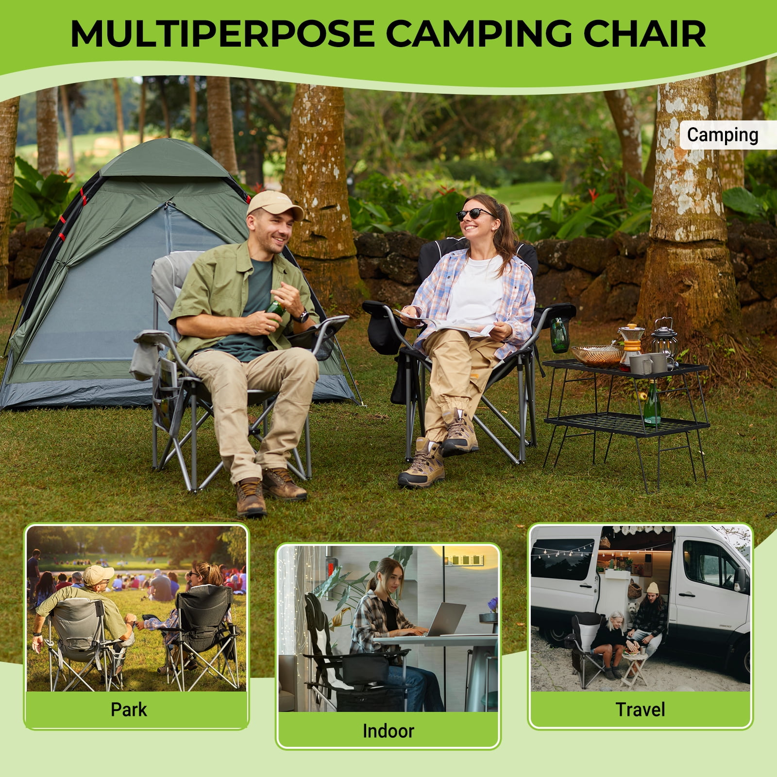 FUNDANGO Oversized Camping Chair Heavy Duty Padded Lawn Chairs with Cooler Bag for Outdoor Fishing Sports - Image 9