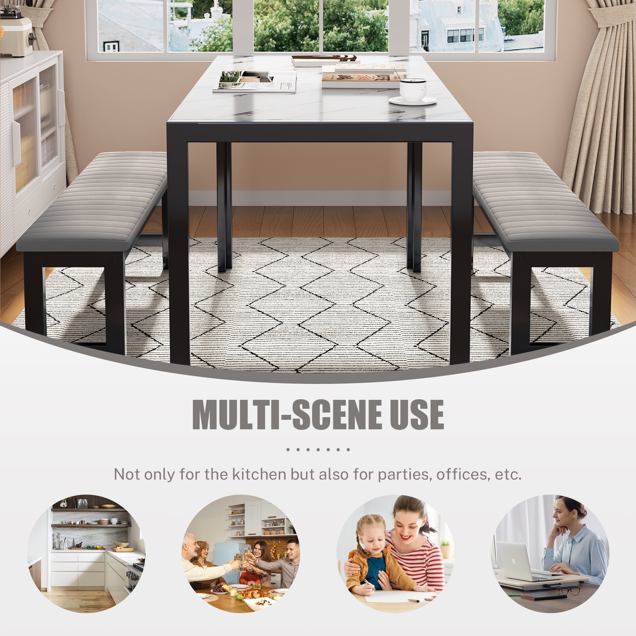 PORKISS Dining Table Set for 4, Faux Marble Kitchen Table Set with 2 Velvet Benches, Breakfast Nook Set for Small Spaces, 3 Piece Dining Room Table Set, White+Gray+Black #1 - Image 4