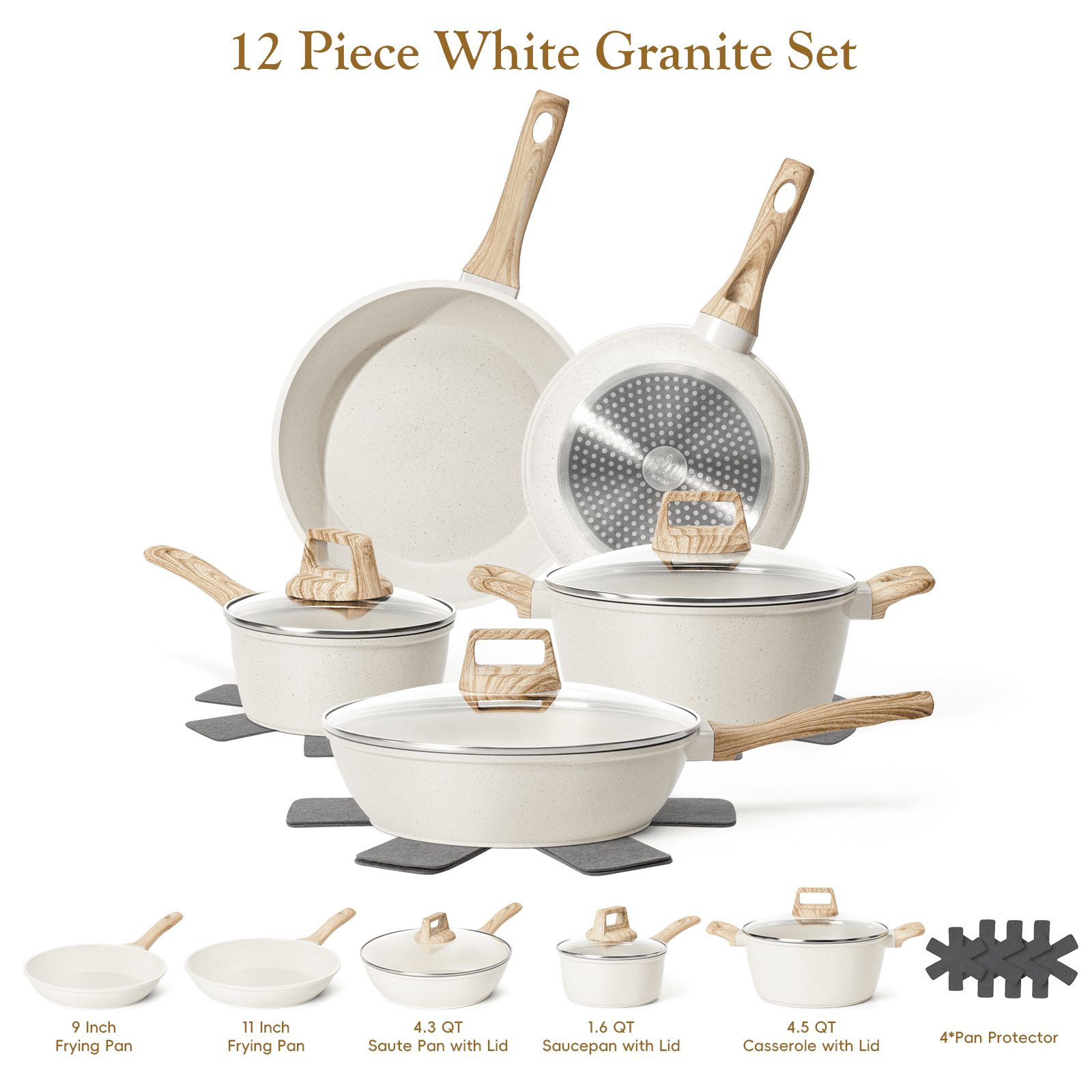 12pcs Pots and Pans Set Non Stick Granite Skillet Frying Kitchen Cooking Cookware for Daily Cooking-White - Image 3