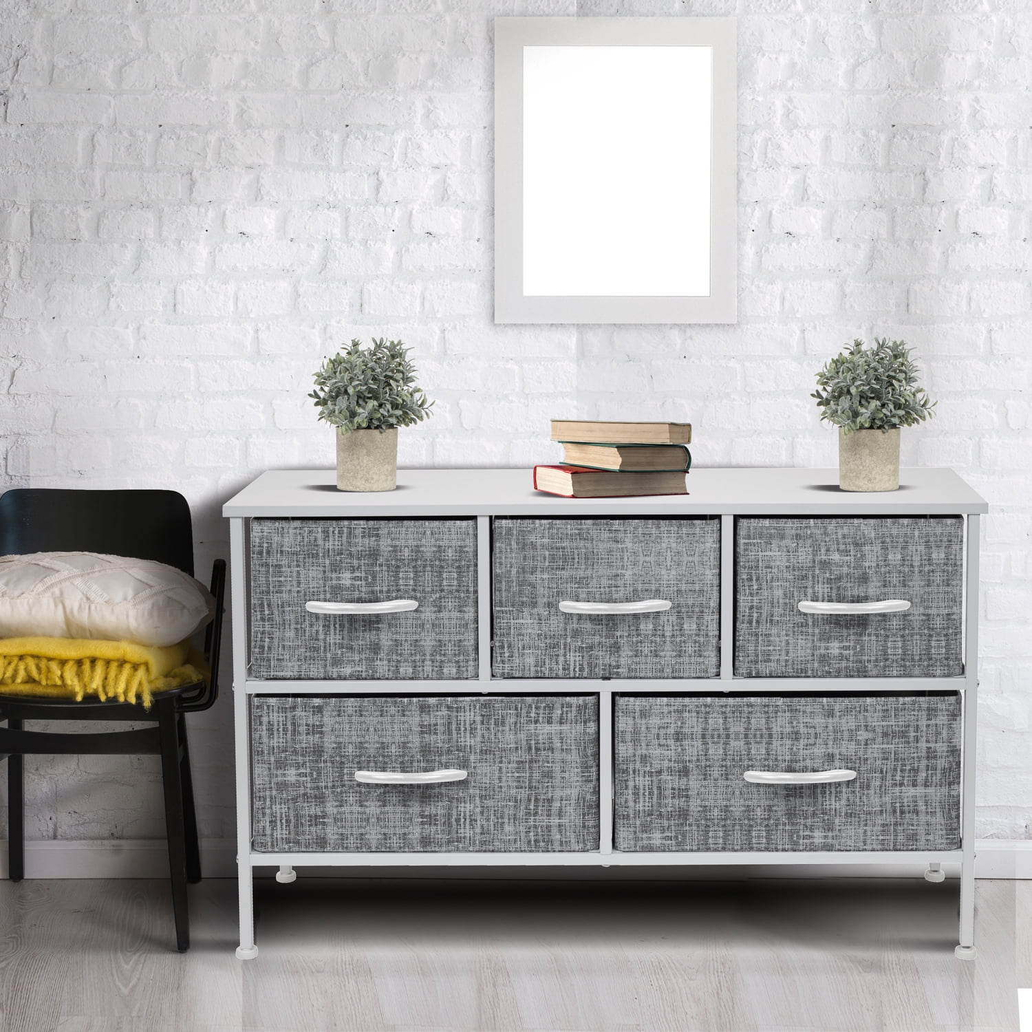 Sorbus Dresser with 5 Drawers - Furniture Storage Chest Tower Unit for Bedroom, Hallway, Closet, Office Organization - Steel Frame, Wood Top, Easy Pull Fabric Bins (Gray/White) - Image 8