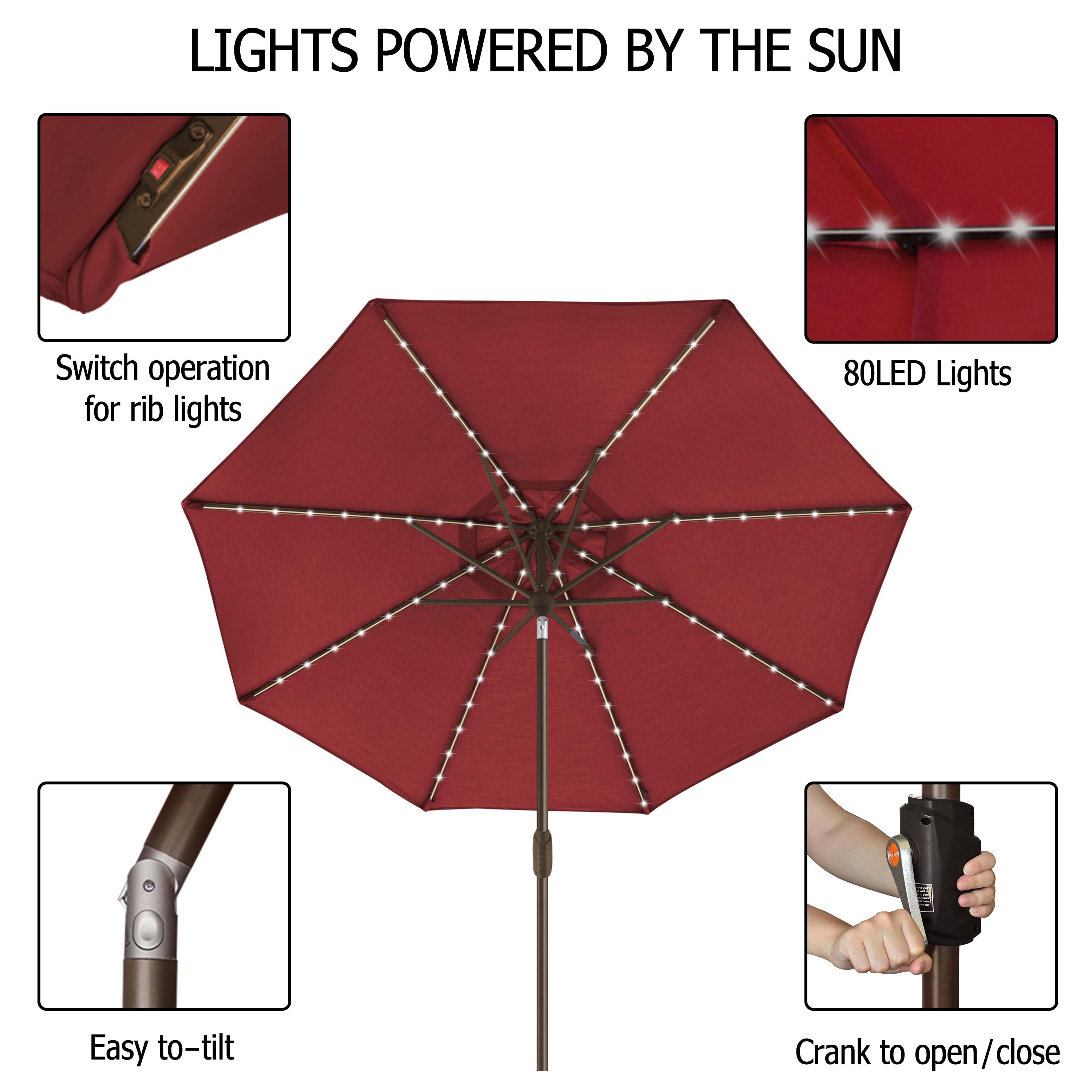 EliteShade Sunbrella Solar Umbrellas 9ft Market Umbrella with 80 LED Lights Patio Umbrellas Outdoor Table Umbrella with Ventilation and 5 Years Non-Fading Top,Maroon - Image 2