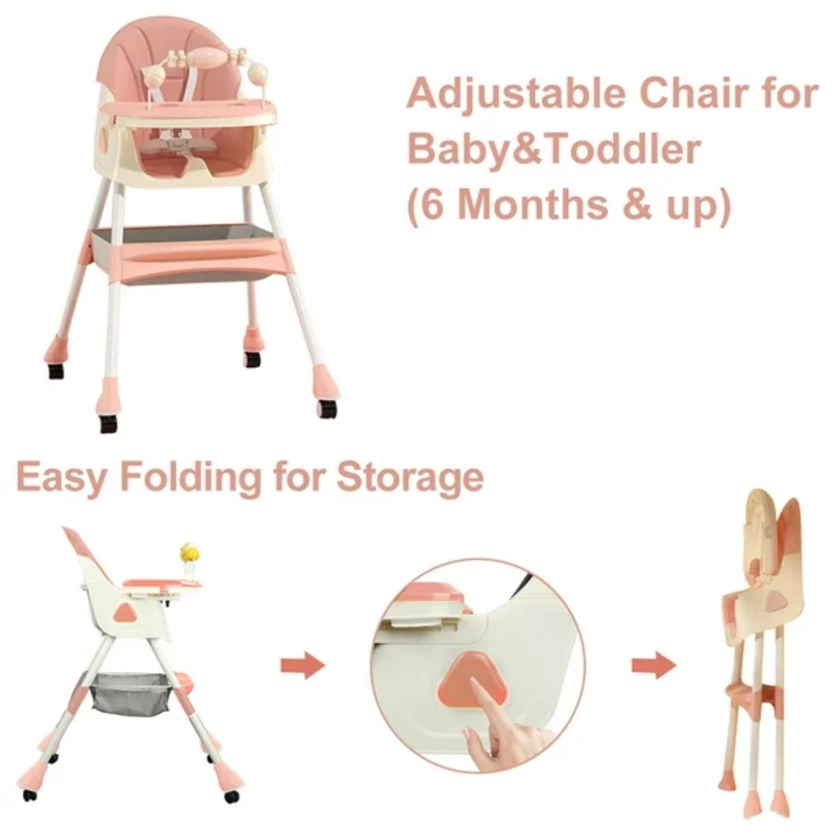 FACNOATIHN Baby High Chair, 4-in-1 Foldable Highchair Dining Feeding Chair with Five-Point Harness Double Dining Plate & Toy Rack, Infant to Toddler, Pink - Image 6