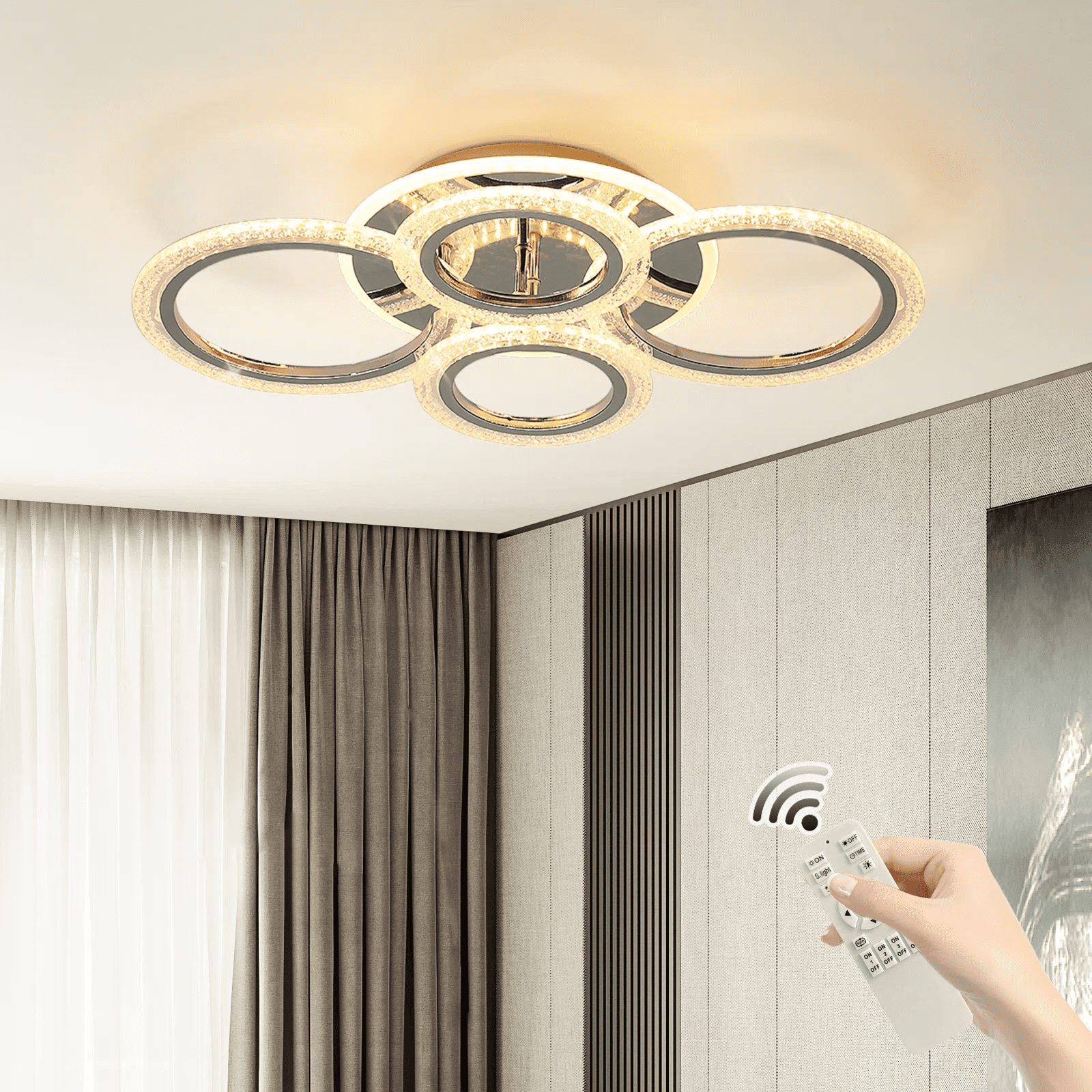 Garwarm Modern Ceiling Light 58W Dimmable Flush Mount LED Ceiling Lamp 4 Rings Acrylic Ceiling Chandelier for Living Room Dining Room Bedroom,Chrome - Image 6