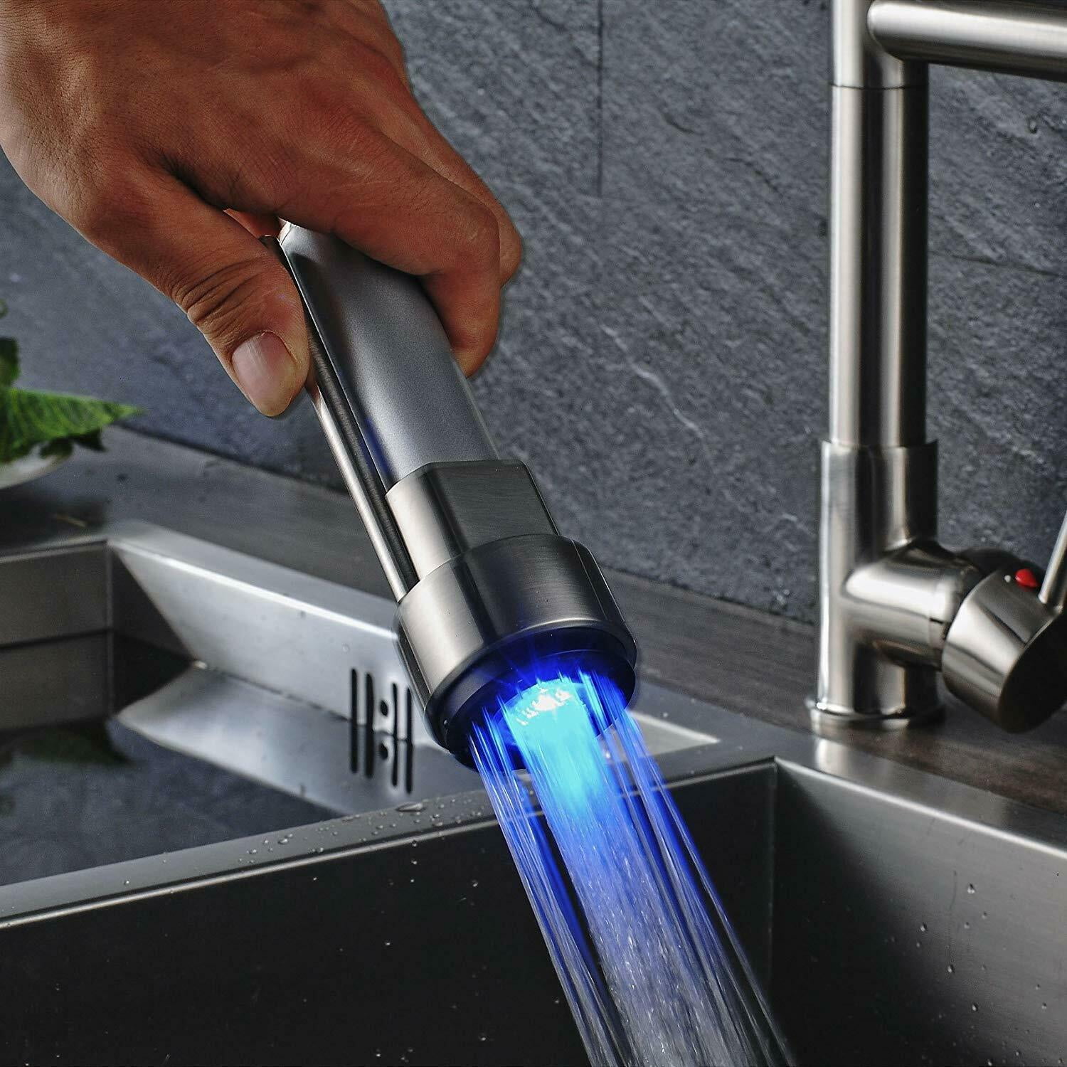Zovajonia Brushed Nickel LED Pull Down Sprayer Kitchen Sink Faucet Swivel Spout Mixer Tap - Image 9