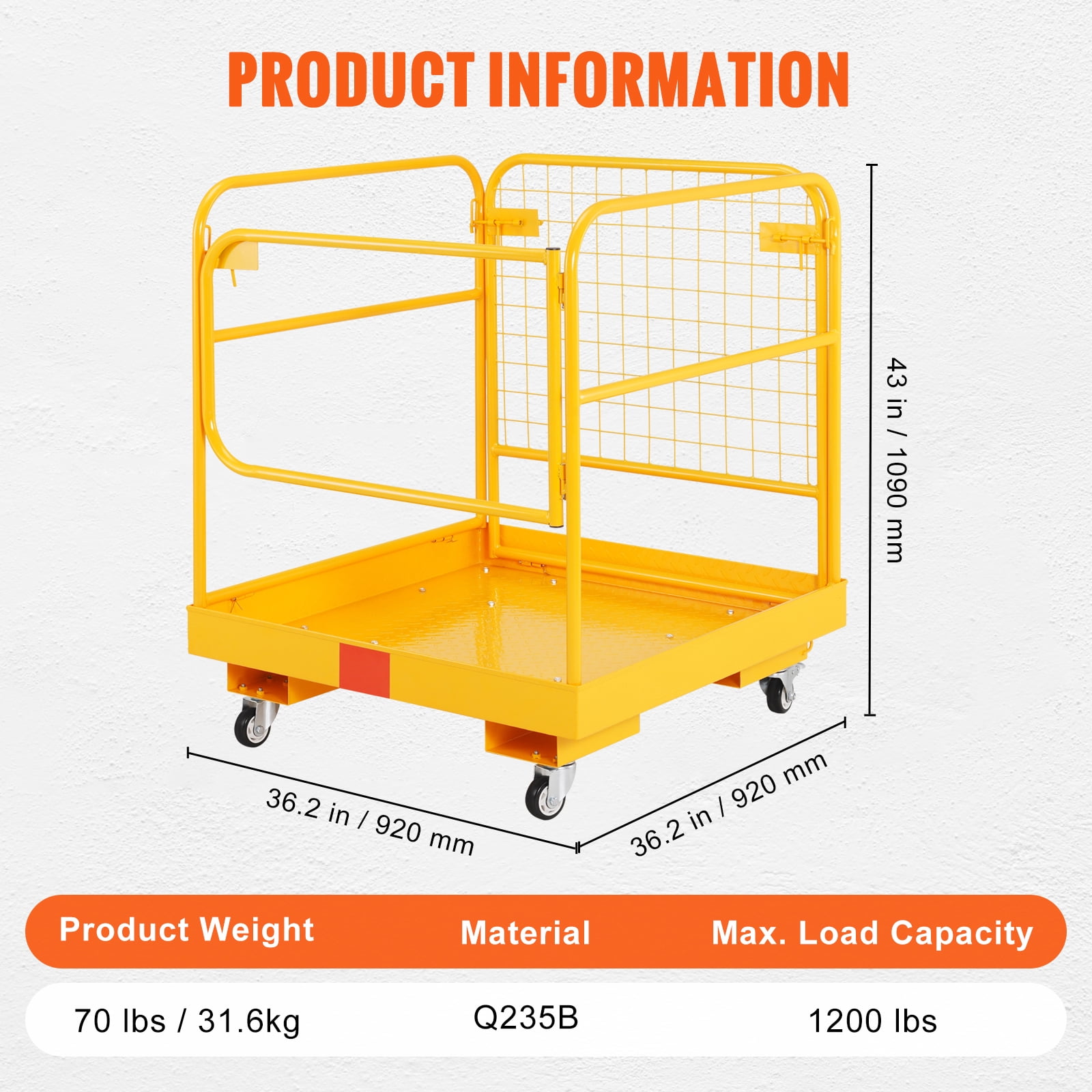 VEVOR Forklift Safety Cage Work Platform 36x36 in 1200lbs with Wheels for Aerial - Image 6