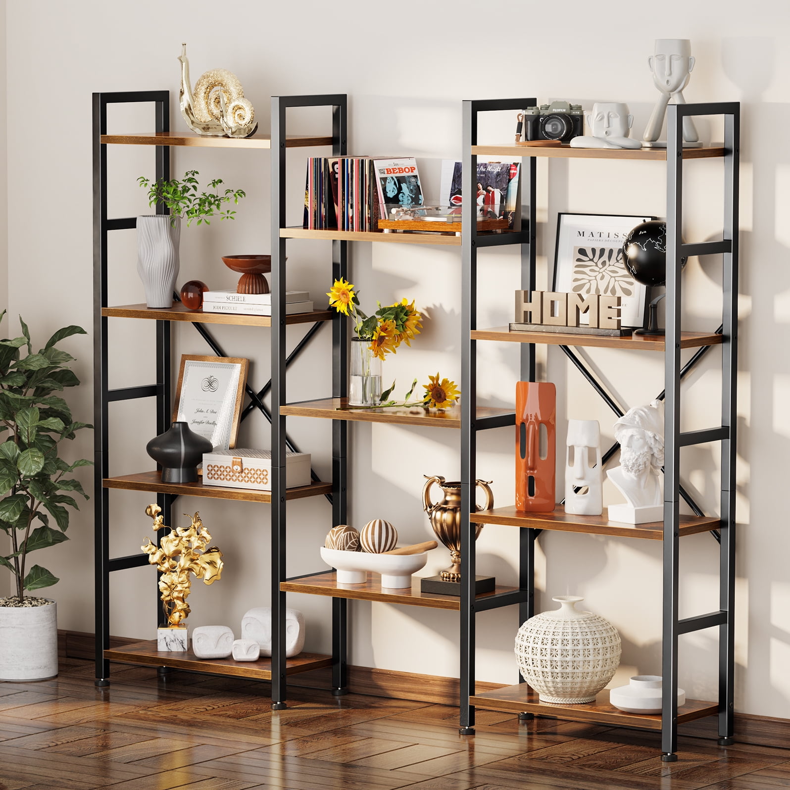 4 Tiers Industrial Bookcase and Bookshelf, Metal Wood 11 Display Shelves, Large Book Shelf for Living Room, Storage Shelf Organizer, Book Case in Brown - Image 10