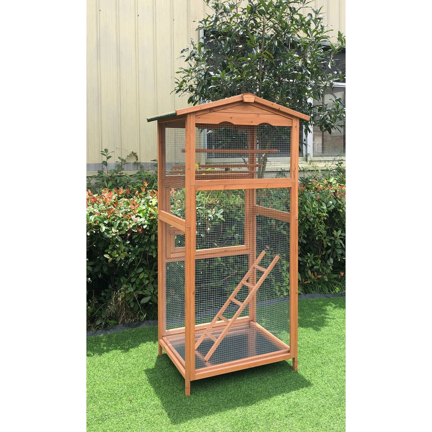 Hanover Outdoor Wooden Bird Cage with 3 Resting Bars, Ladder, Waterproof Roof and Removable Tray, 2.9 Ft. x 2.1 Ft. x 5.8 Ft. - Image 3