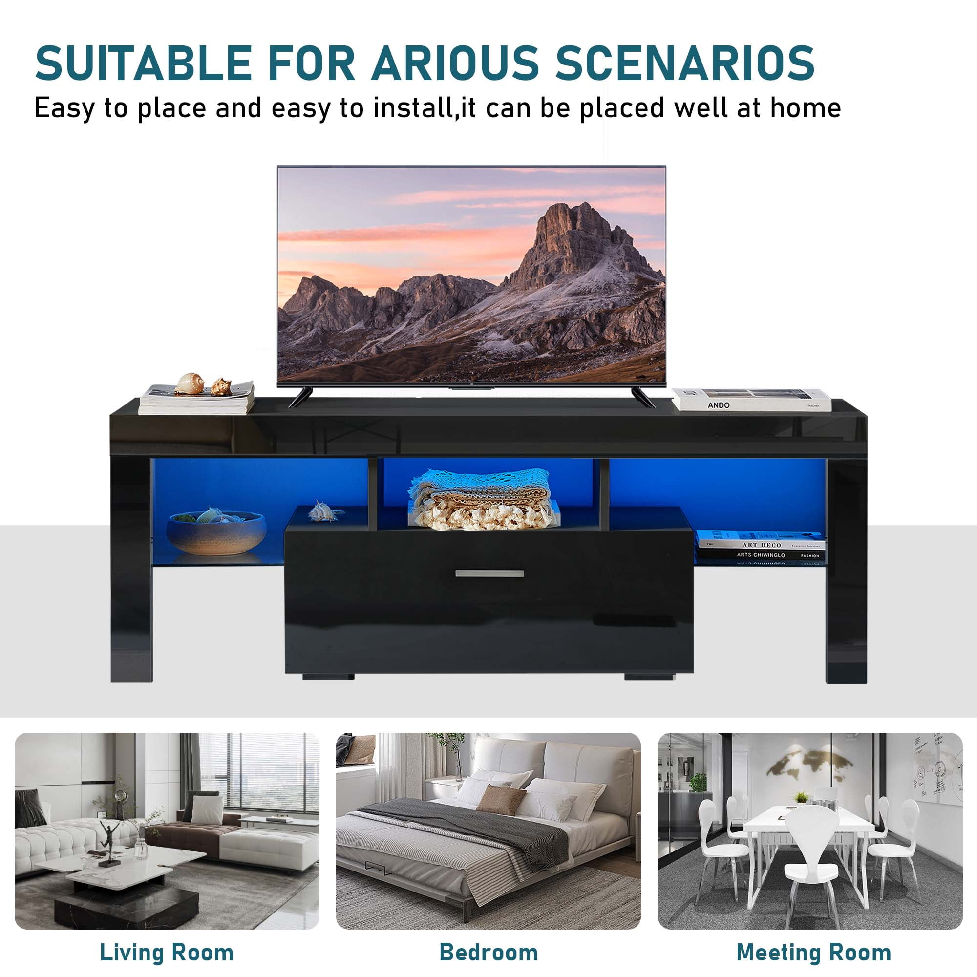 Aukfa LED TV Stand for TVs up to 60", Storage TV Cabinet for Living Room - Black - Image 7