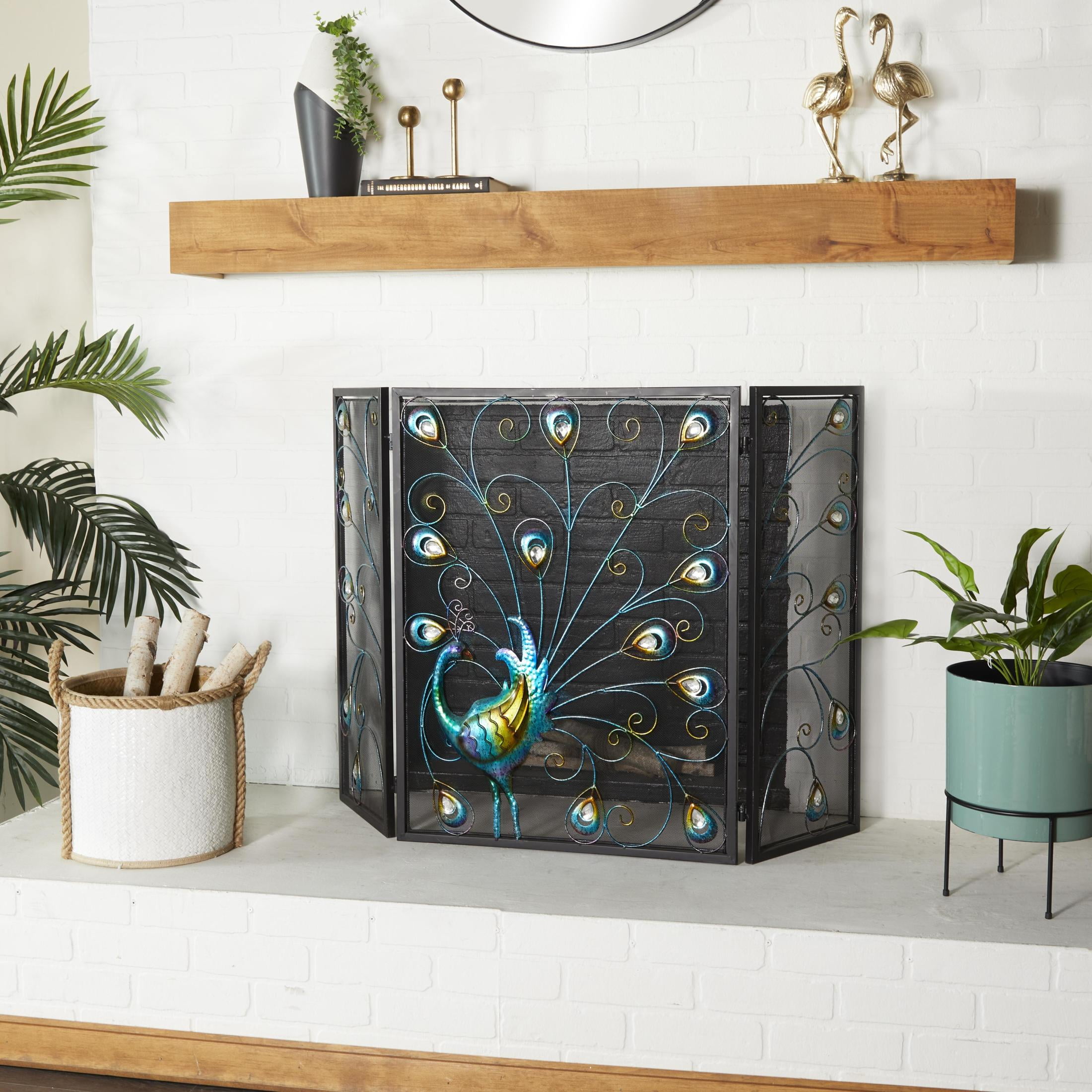 DecMode Black Eclectic Metal Fireplace Screen with Colorful Peacock Detail and Iron Frame, 48"W x 32"H - Image 8