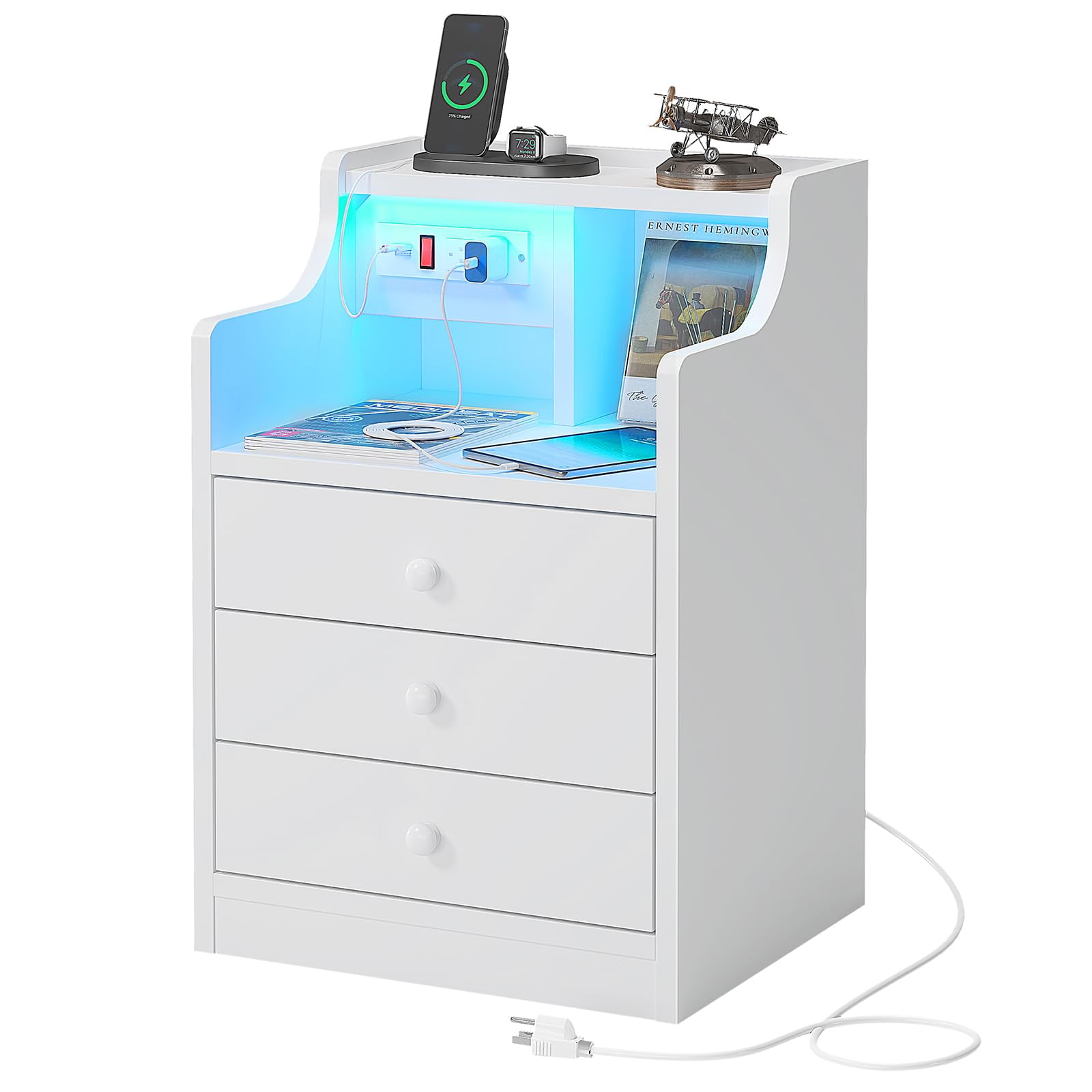 Nightstand with Charging Station and LED Lights, Night Stand with Hutch and Storage Drawers, White - Image 6