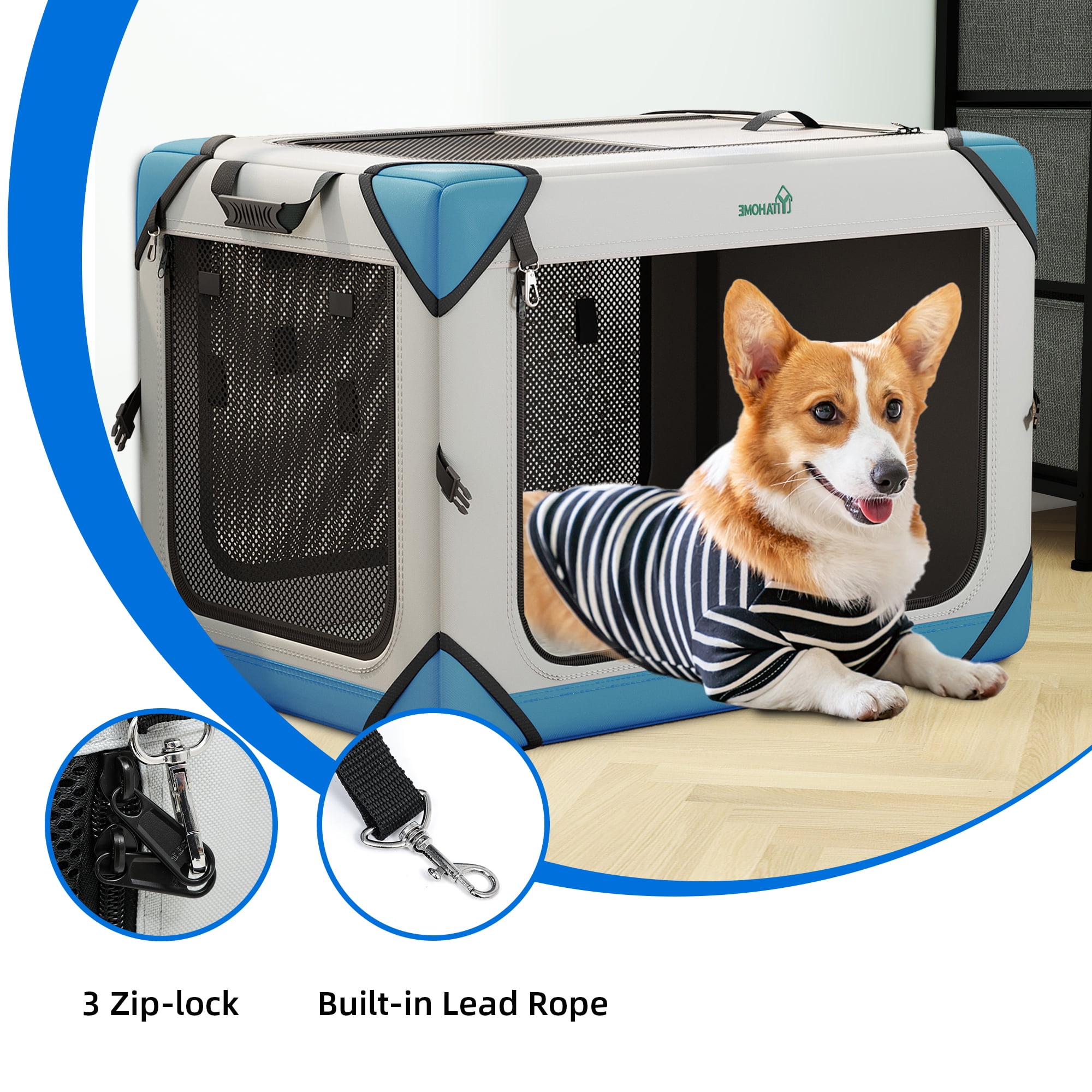 Dextrus Portable Dog Travel Crate, Large Collapsible Pet Carrier with 4 Doors and Sturdy Mesh Windows, Soft Dog Kennel for Indoor and Outdoor Use(20" L x 13" W x 15" H) - Image 4