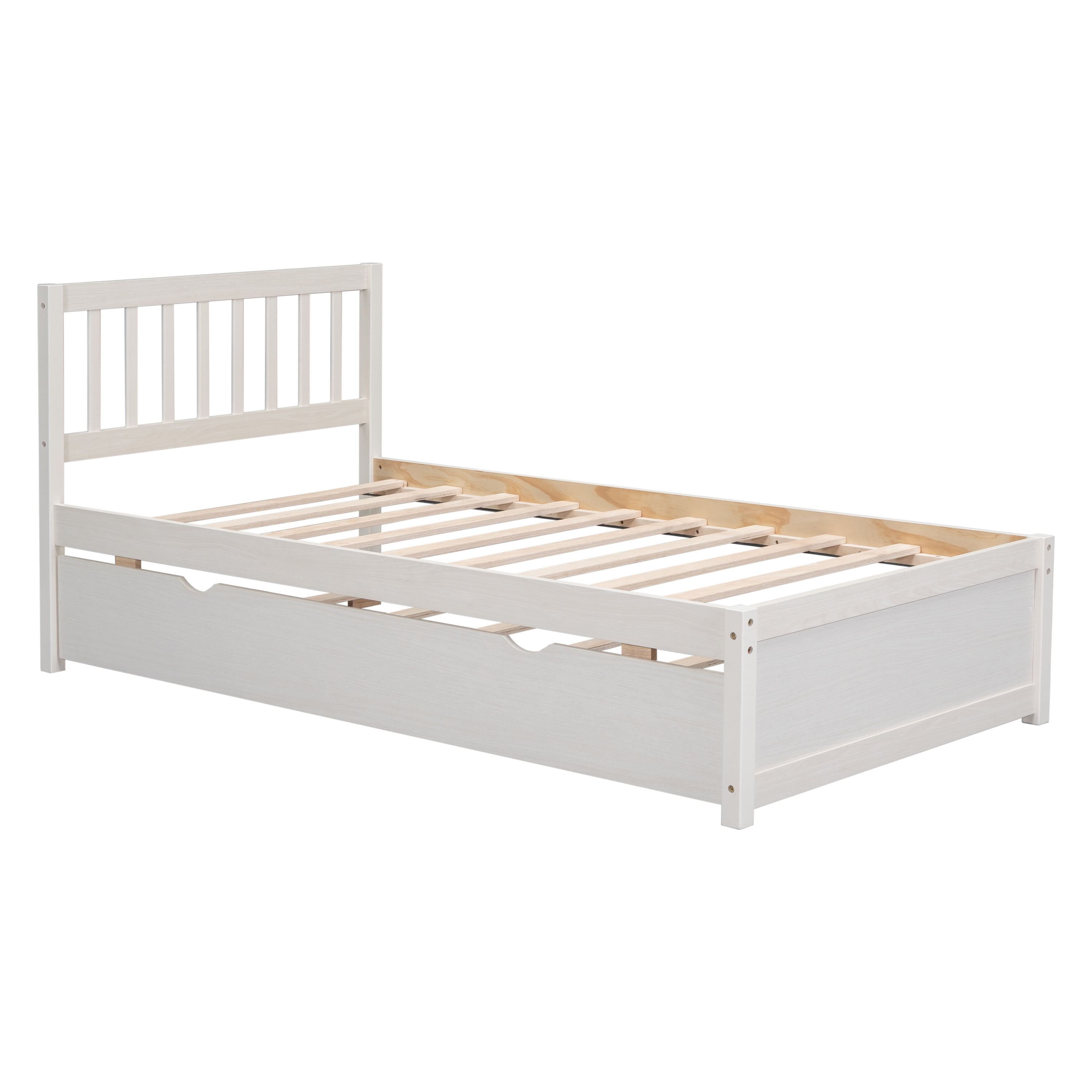 Miniyam Wood Twin Size Bed with Trundle & Headboard for Kids and Teens, White - Image 3