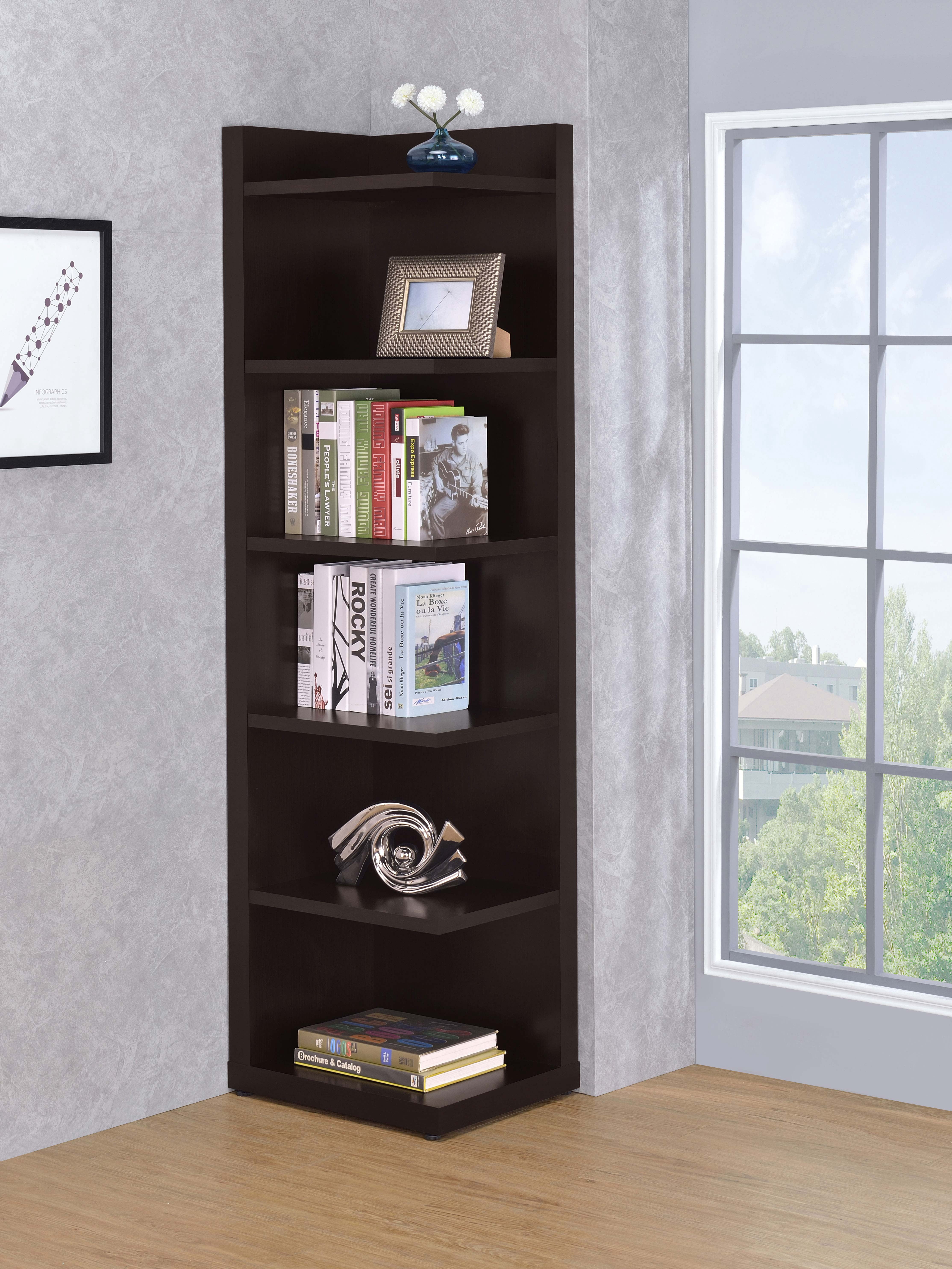 Alder 71-inch 6-shelf Corner Bookcase Cappuccino - Image 6