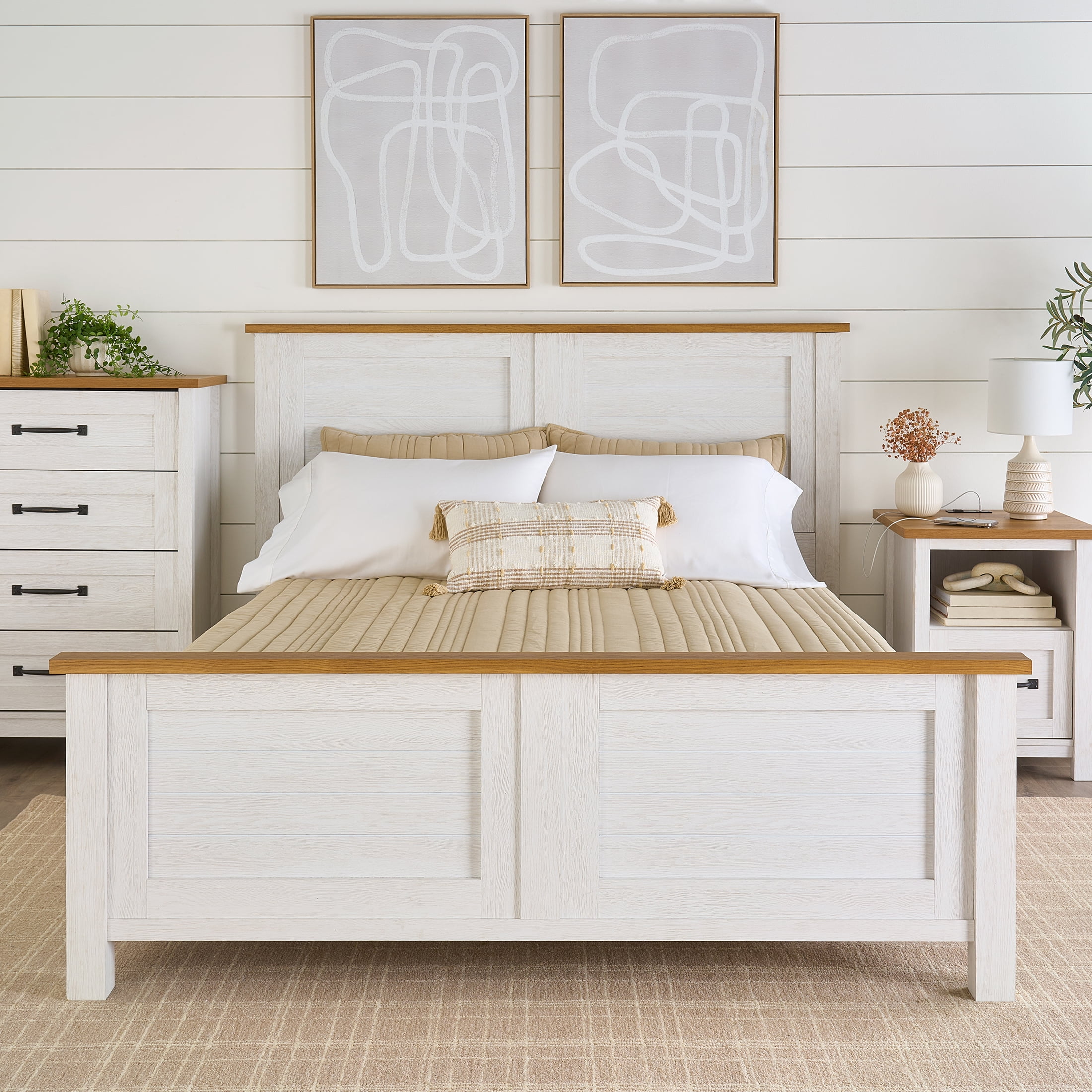 Better Homes & Gardens Modern Farmhouse Nightstand with USB, Alabaster and Light Honey Finish - Image 3