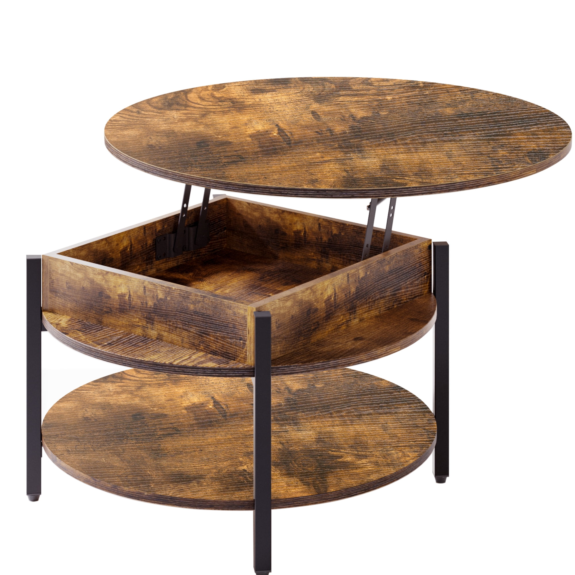 GUNAITO Round Lift Top Small Coffee Table with Storage Modern Farmhouse Center Table with Shelf 2 Tier Circle Table for Living Room Rustic Brown - Image 6