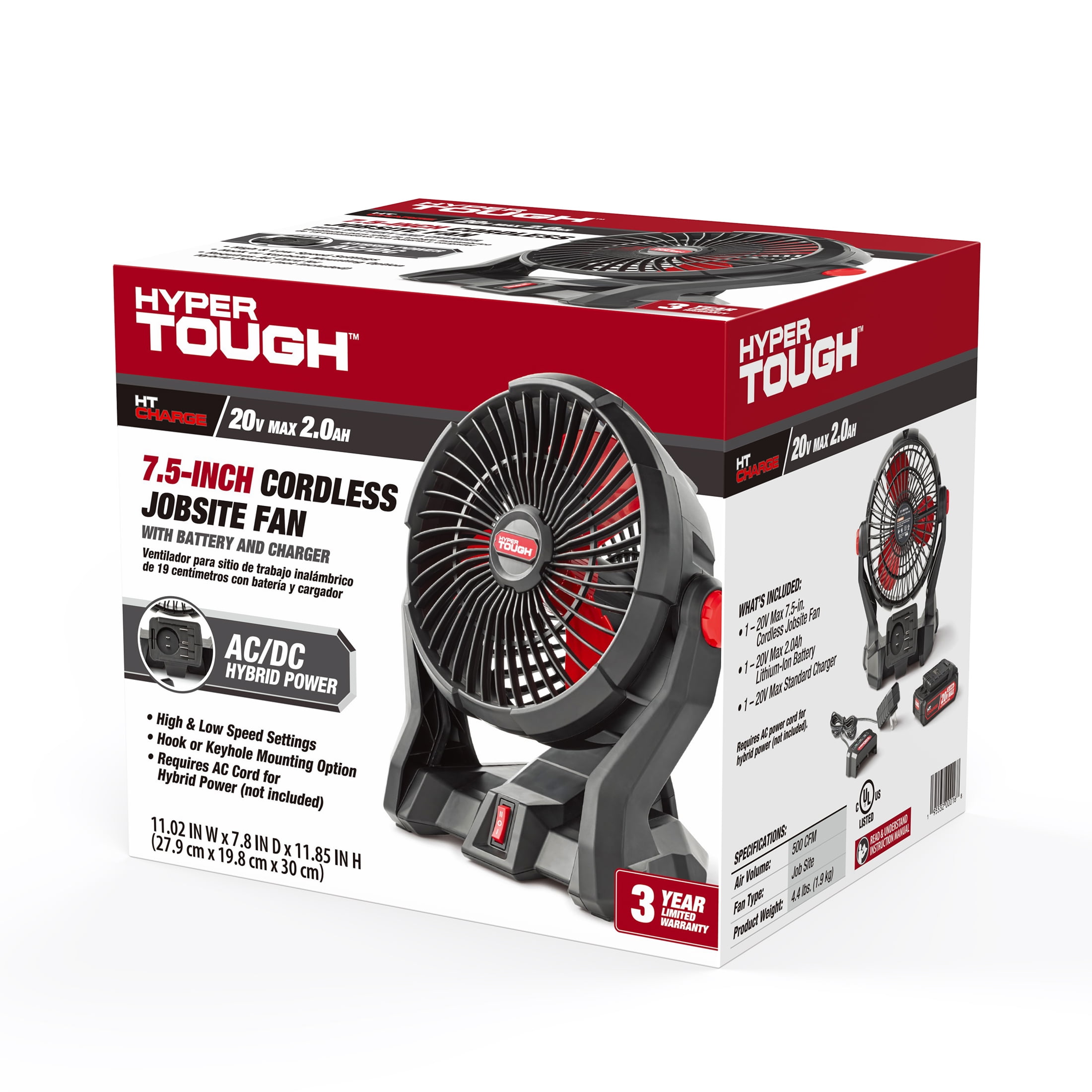 Hyper Tough 7.5 in. Cordless Fan with Hybrid Power,with 2.0Ah Lithium-Ion Battery Pack Powered,C1005 - Image 2