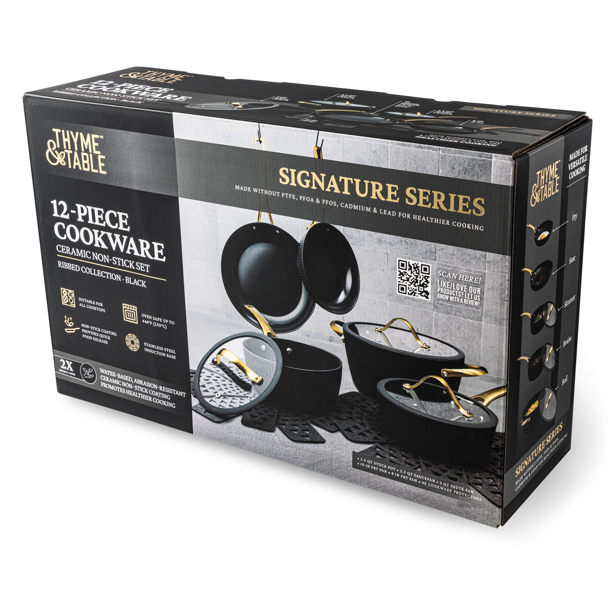 Thyme & Table 12-Piece Nonstick Signature Ribbed Cookware Set, Pots and Pans Set - Black & Gold - Image 7