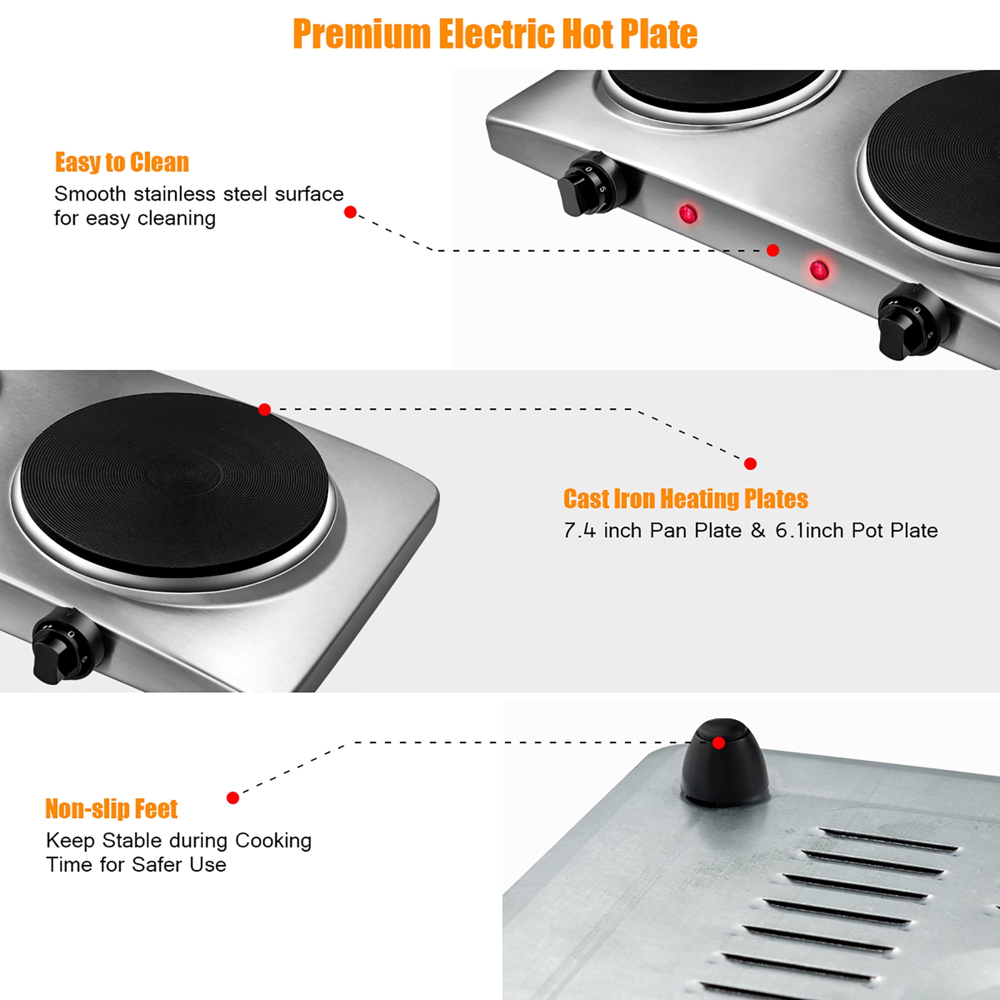 Costway 1800W Double Hot Plate Electric Countertop Burner Stainless Steel 5 Power Levels - Image 9