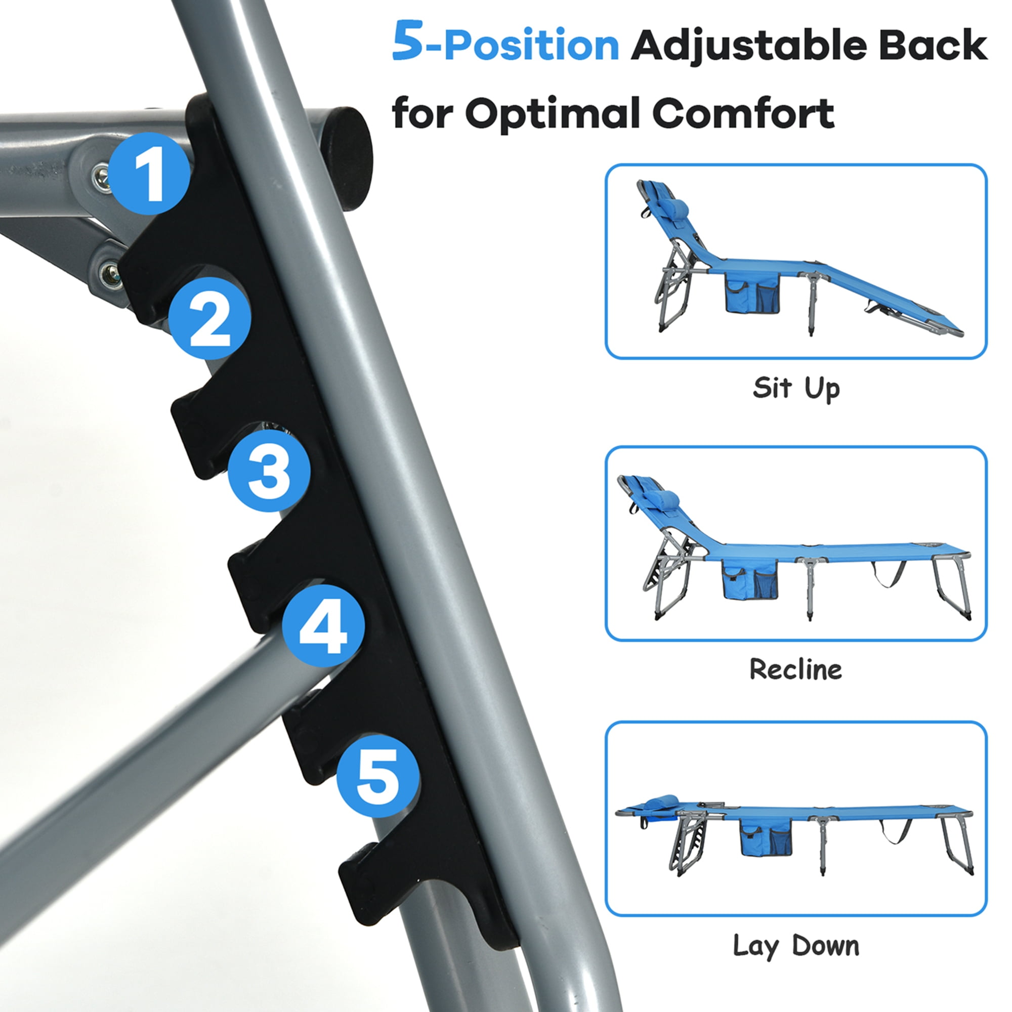 Goplus Outdoor Beach Lounge Chair Folding Chaise Lounge with Pillow Blue - Image 3