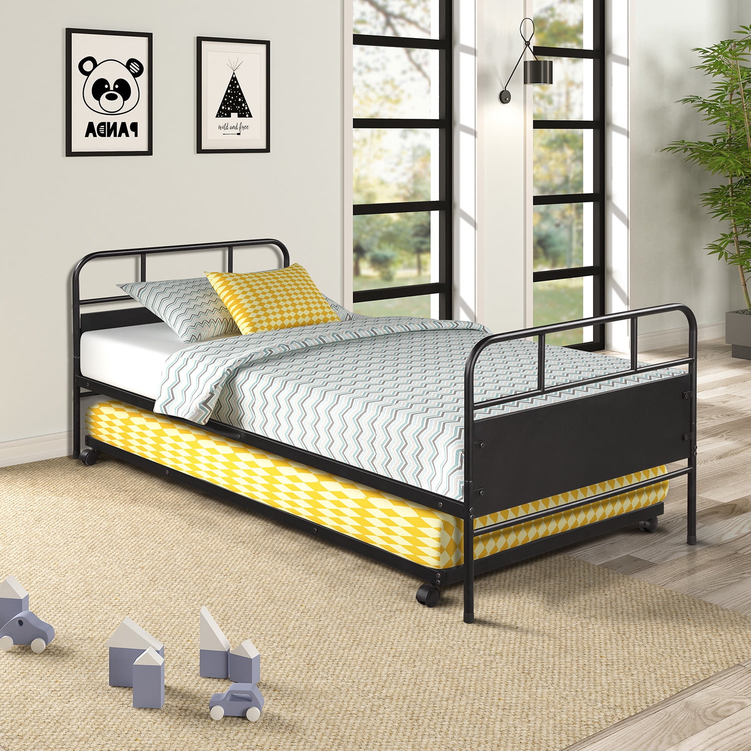 Twin Daybed Platform Bed with Trundle Built-in Casters,Metal Bed Frame for Kids Teens Adults,No Box Spring Needed,Black - Image 5