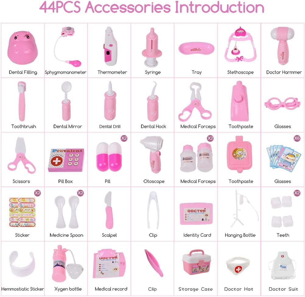 44 Pieces Educational Doctor Pretend Play Toy Set Dentist Medical Kit with Storage Box & Lights & Sounds for Doctor Roleplay-Pink - Image 5