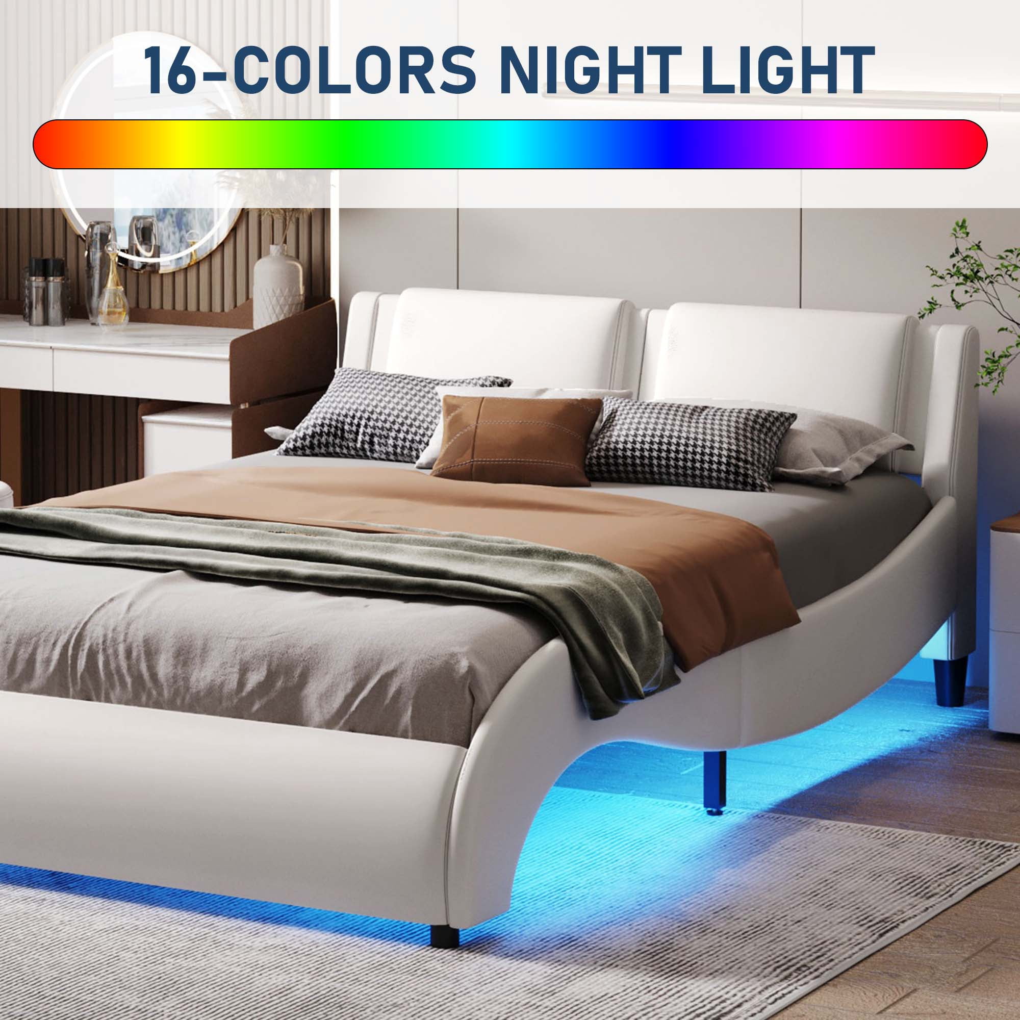 Aukfa Faux Leather Full Upholstered Platform Bed with Headboard, 16 LED Bed Frame - White - Image 7