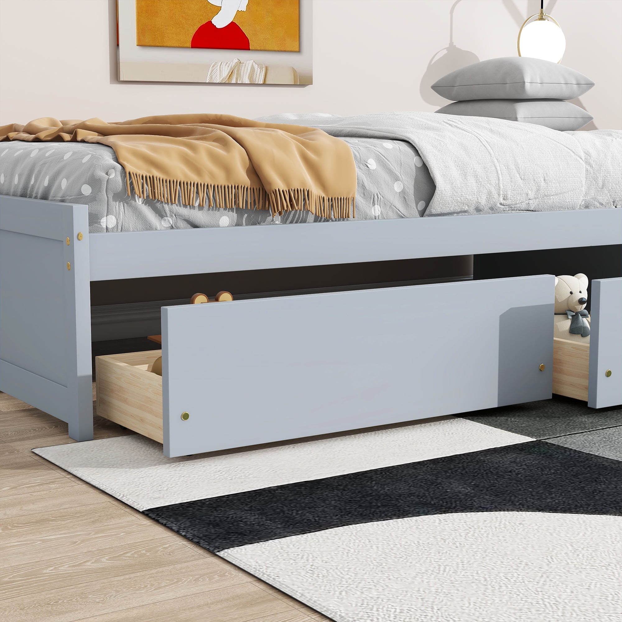 PORKISS Twin Bed Frame, Solid Wood Platform Bed with 2 Drawers, Pine Wood Bed for Kids Teens Adults, No Box Spring Needed, Grey - Image 4