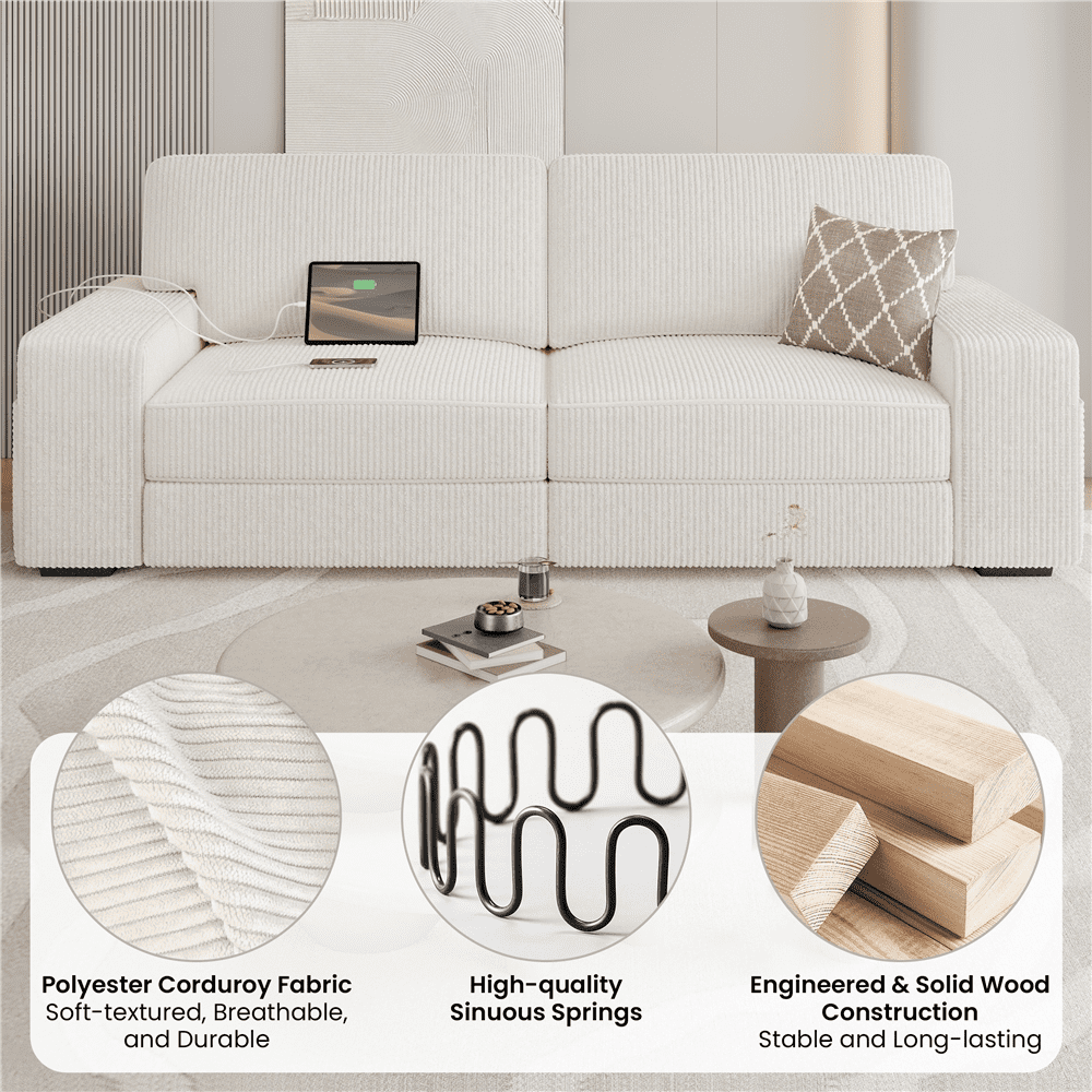 Renwick 83.5'' W 2-Seater Modern Corduroy Fabric Sofa Couch with USB Charging Ports, All Ages, Ivory - Image 2