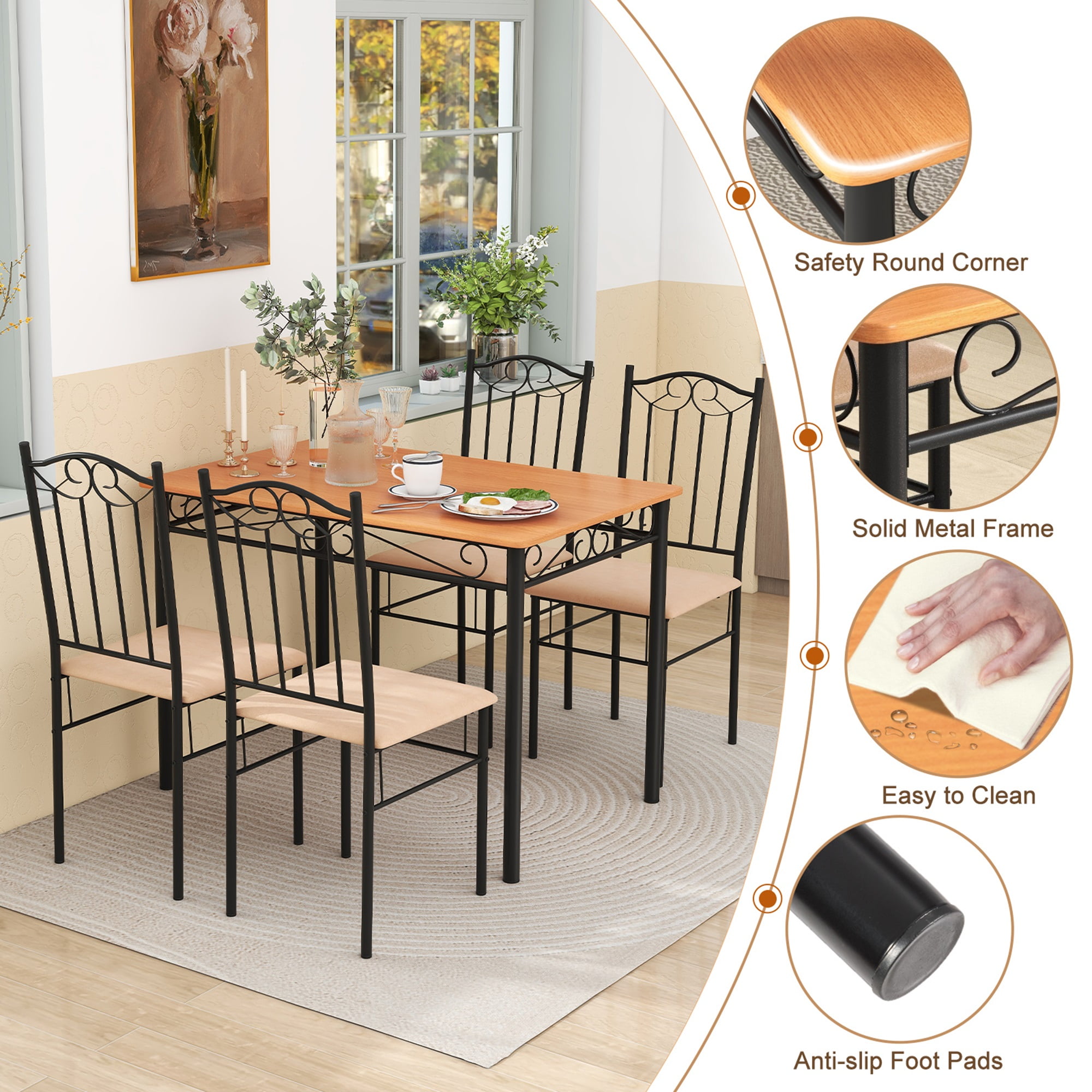 Costway 5 PCS Dining Set Wood Metal 30" Table & 4 Chairs Upholstered Kitchen Breakfast Furniture - Image 9