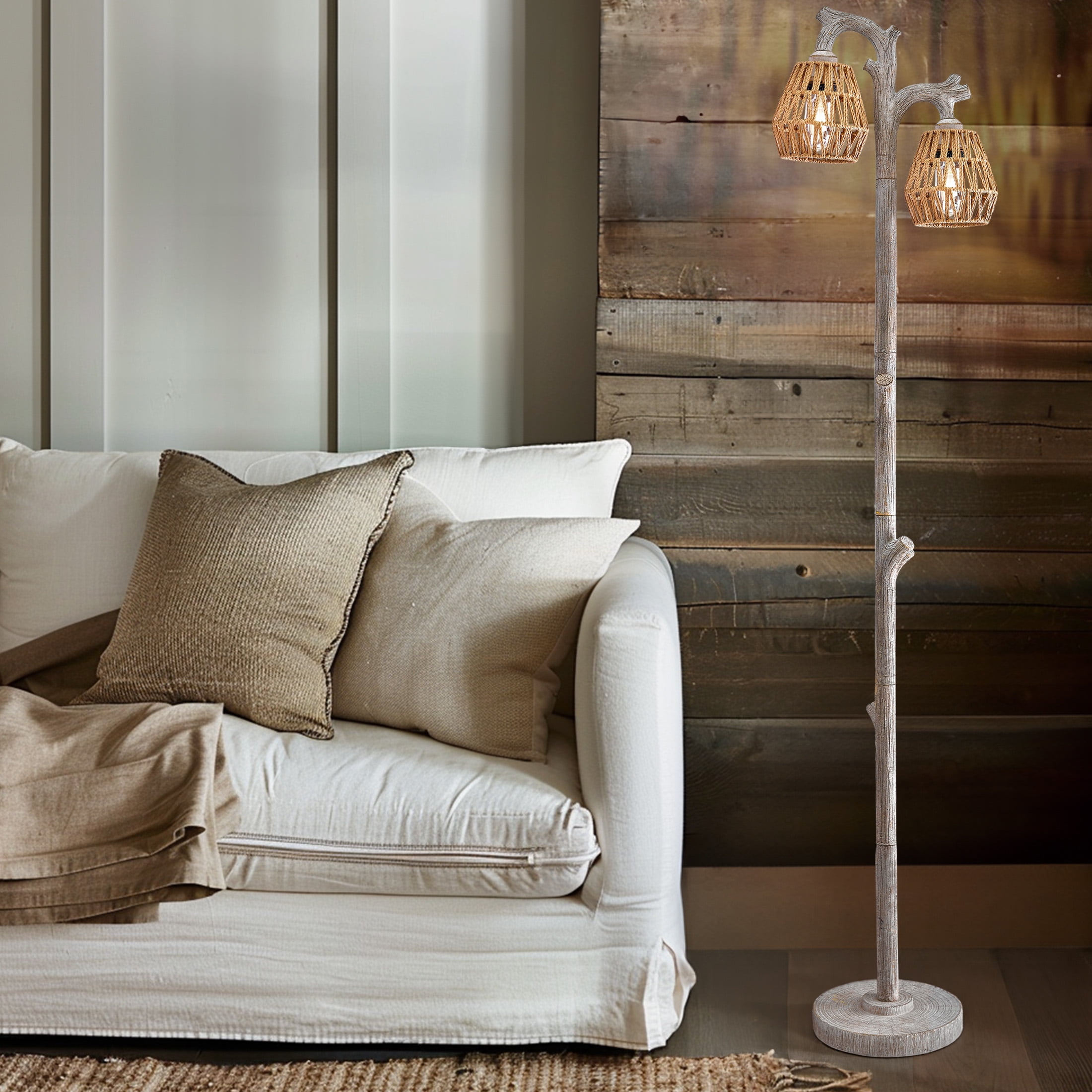 Oneach 62.25" Farmhouse Floor Lamp for Living Room with Rattan Lamp Shade,Retro Tree Trunk Deco Standing Lamp with Double Lamp Head for Bedroom,Office,Decor,Lighting - Image 3