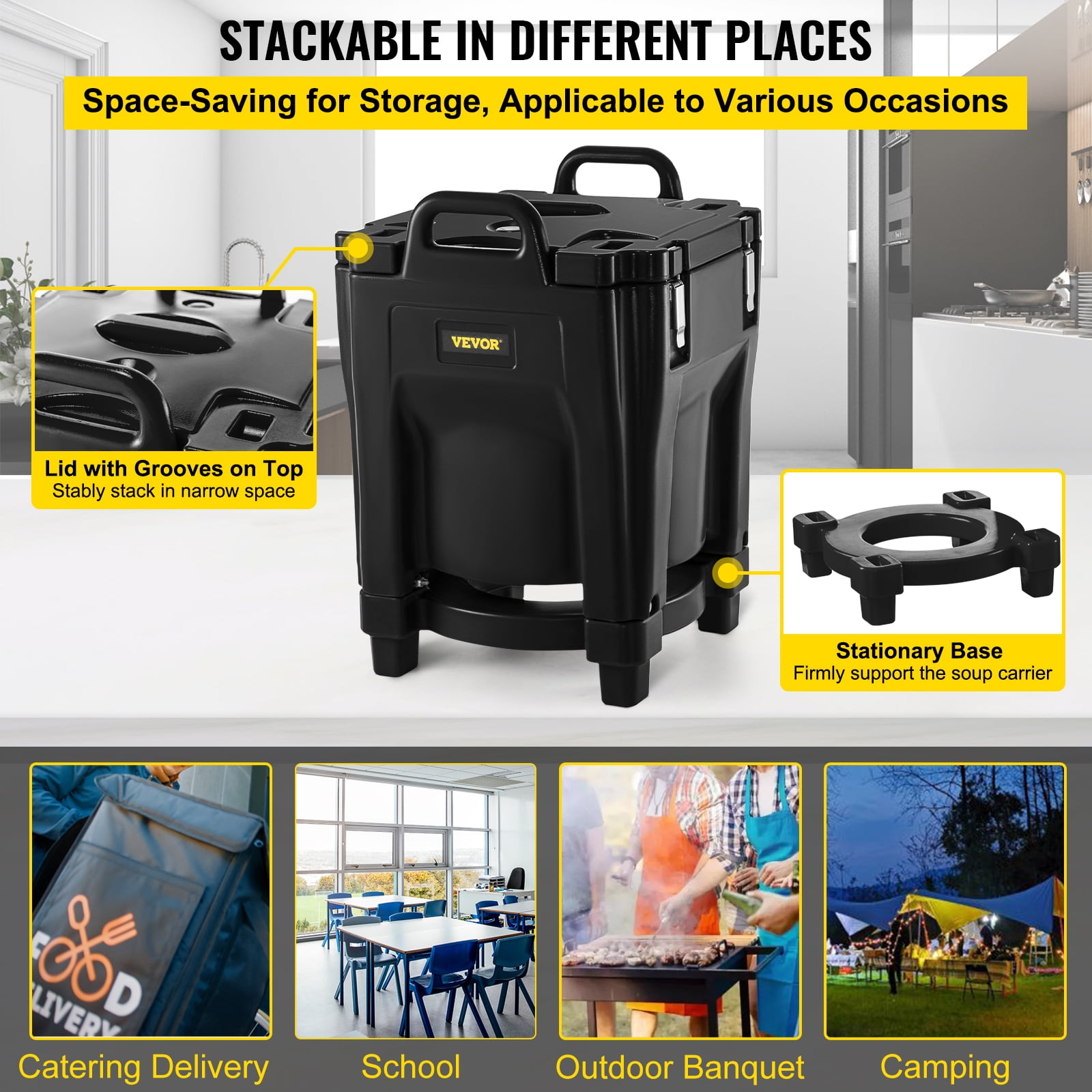 VEVOR Insulated Food Carrier,32Qt Capacity,Stackable Catering Hot Box with Stainless Steel Barrel,Top Load LLDPE Food Warmer with Integral Handles Buckles Stationary Base,for Restaurant Canteen, Black - Image 8
