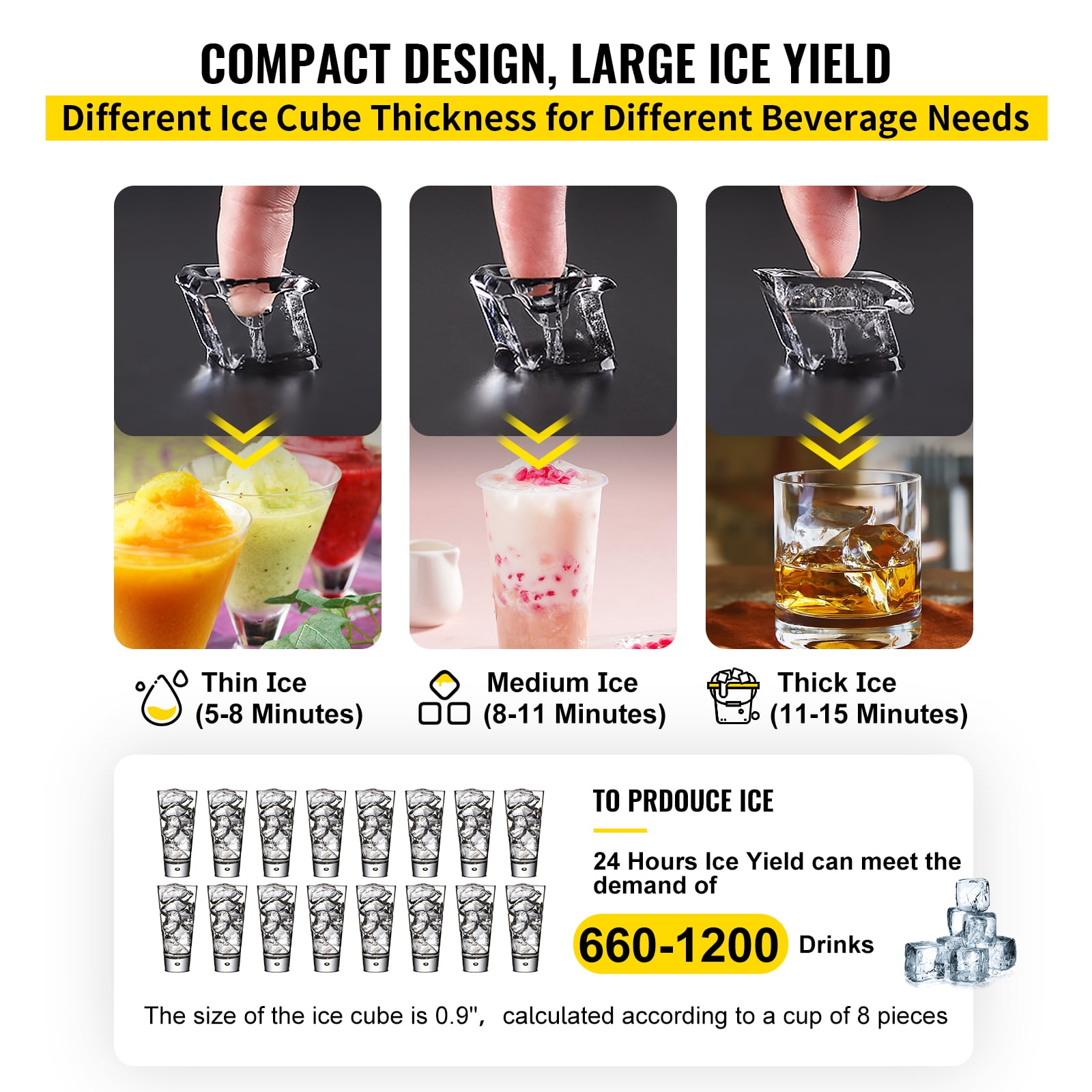 VEVOR Commercial ice Maker 155lbs/24h with 44lbs Bin and Electric Water Drain Pump, Full Clear Cube, Stainless Steel, Auto Operation - Image 3