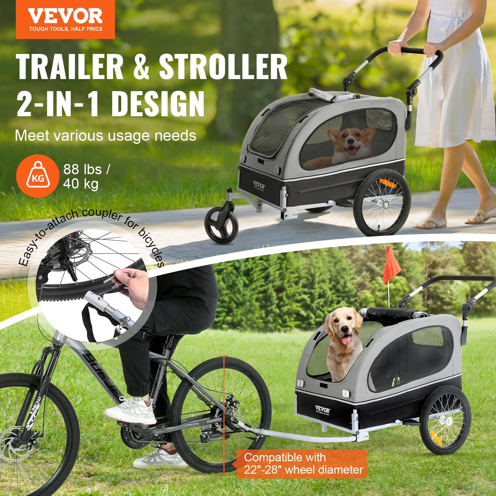 KFFKFF Pet Bicycle Trailer & Stroller Dog Cat Bike Carrier 88 lbs Water Resistant - Image 8