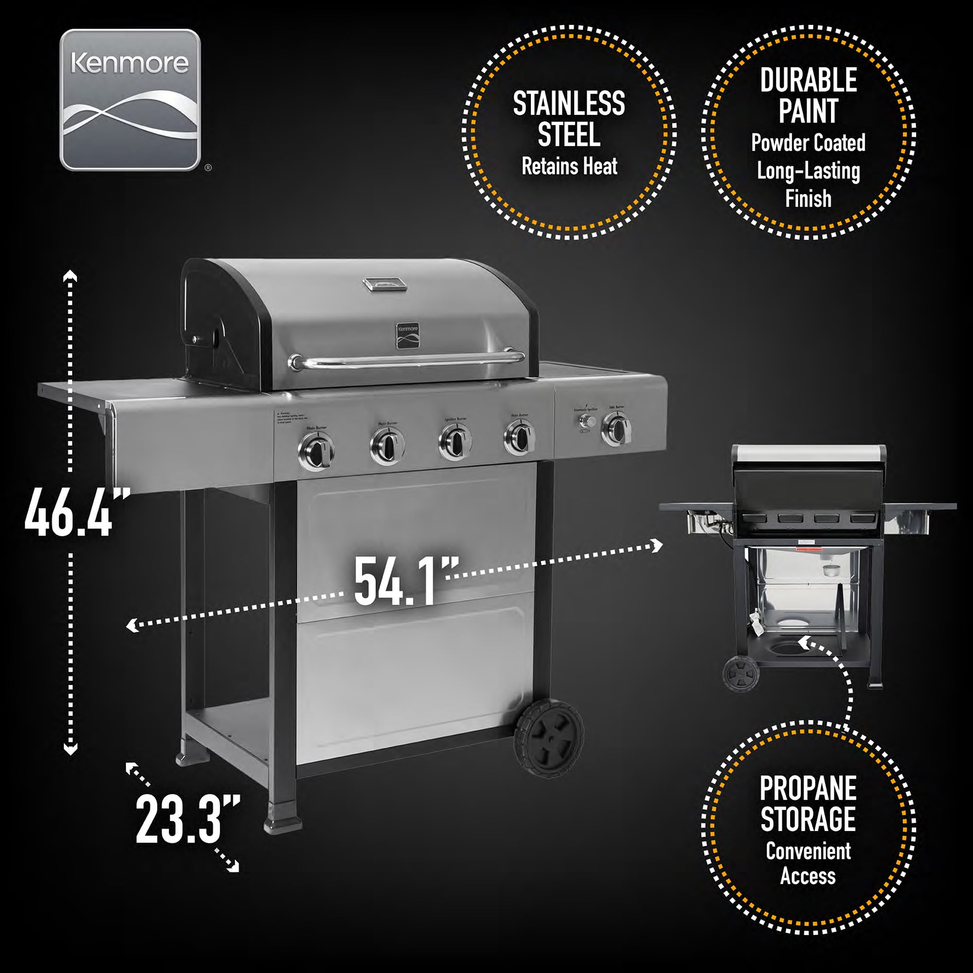 Kenmore 4-Burner Outdoor Propane Gas Grill with Side Burner, Open Cart, Stainless Steel - Image 4