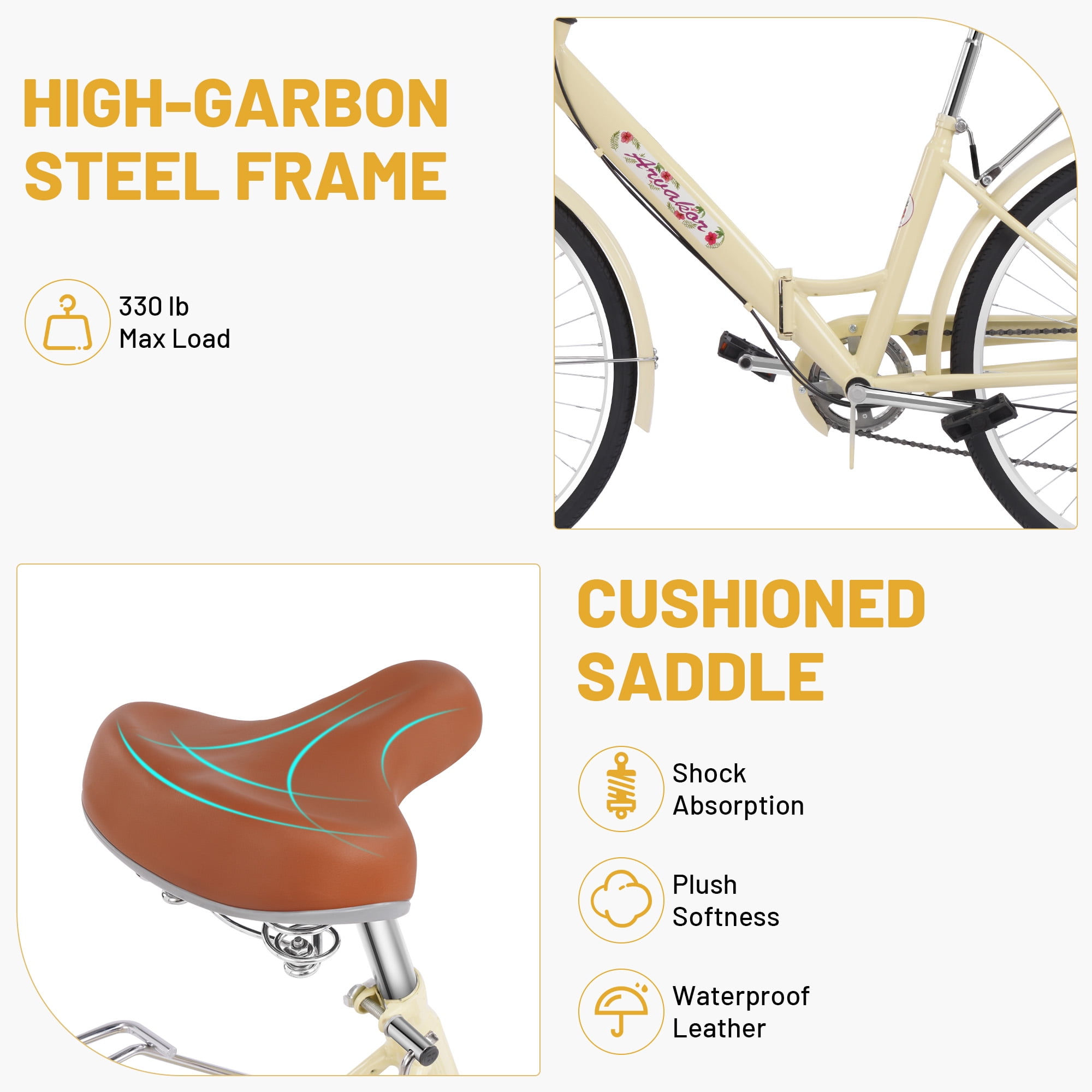 ARVAKOR 26" Cruiser Bike, 7 Speed Bicycle Hybrid Bikes for Women Girls Ladies, Yellow - Image 6