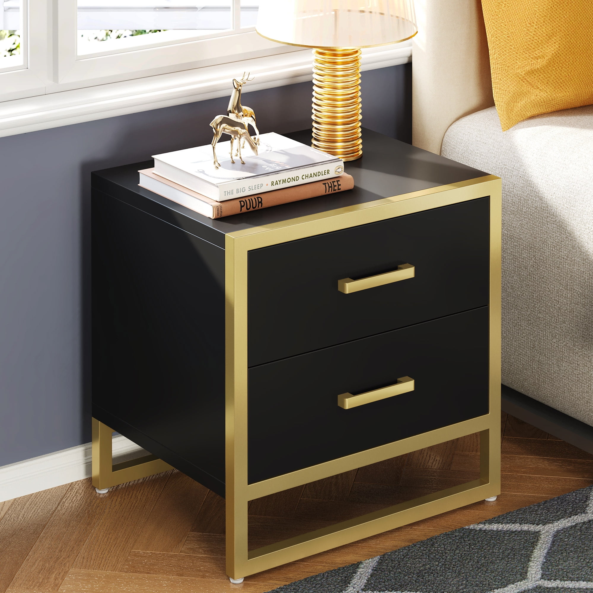 Dextrus Nightstand End Side Table, 2 Drawers, Metal Frame for Bedroom Living Room, Black and Gold - Image 3