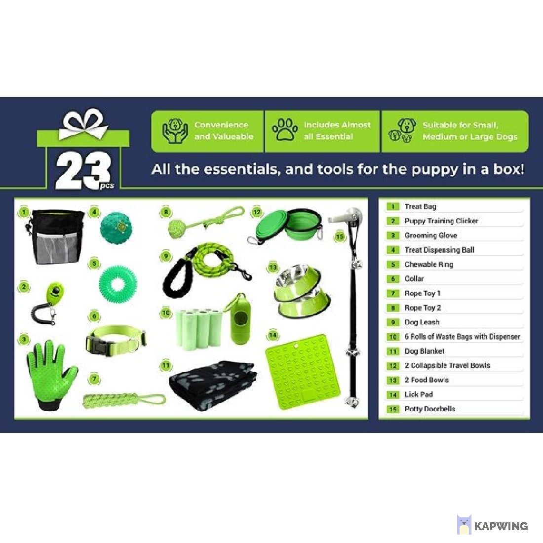 SETONWARE Puppy Starter Kit, Dog Toys, Dog Bed Blankets, Puppy Dog Grooming Tool, Training, Toys, Training Bells Dog Leashes Accessories for Dogs Gift for New Puppies Green 23 Pieces - Image 7