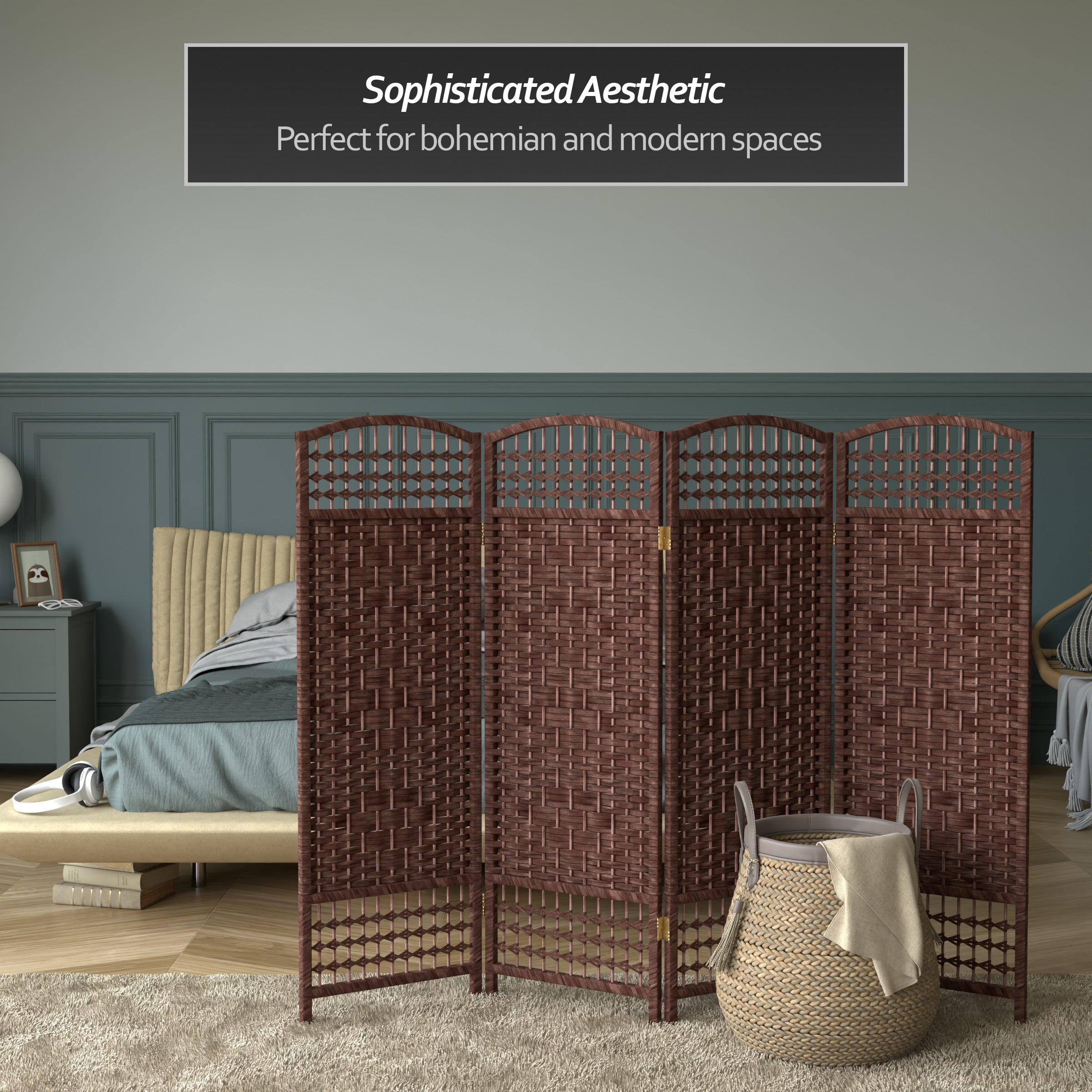 Red Lantern 4 ft. Short Fiber Weave Folding Screen - Dark Red - 4 Panels - Image 6