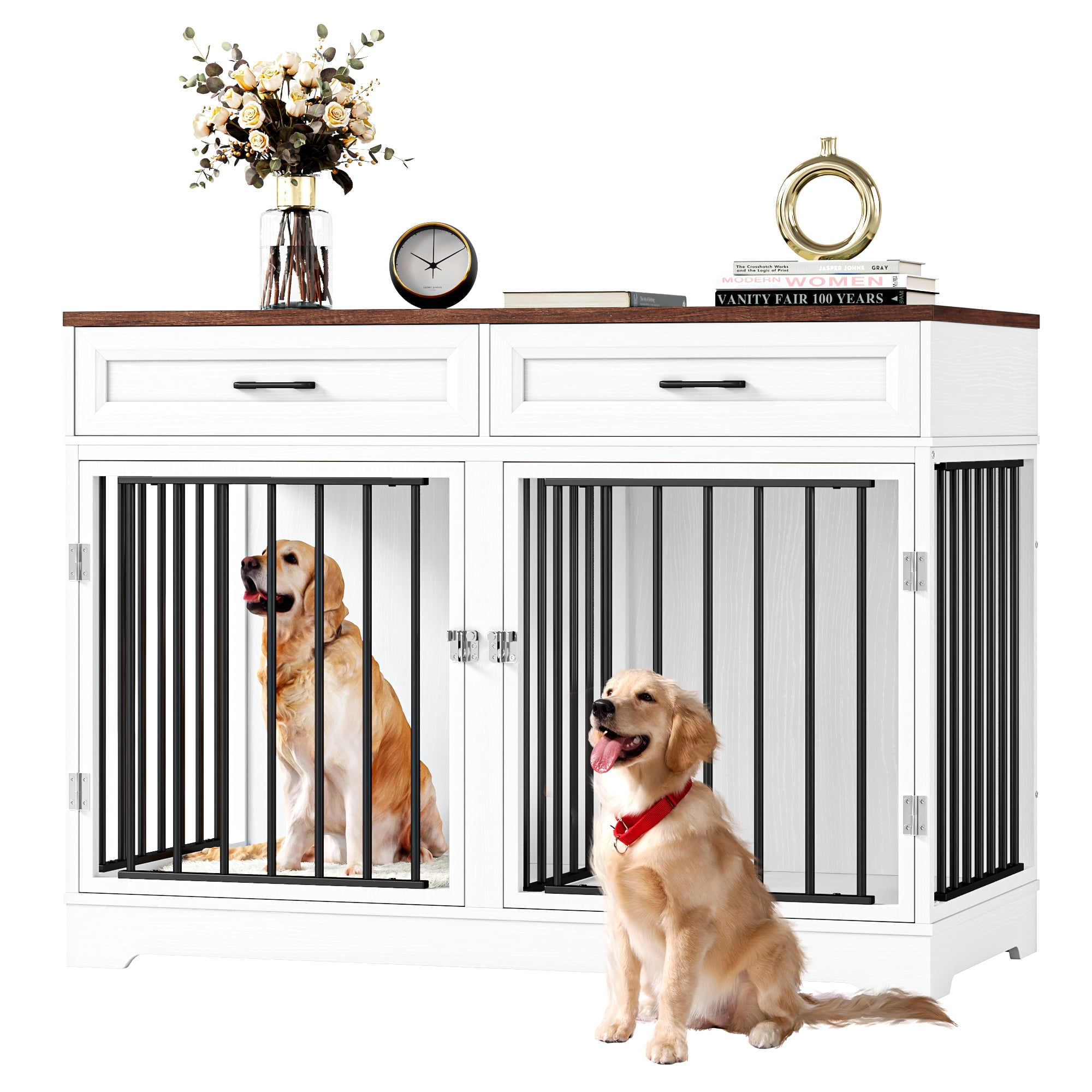 Homfa Dog Crate Furniture with 2 Drawers, 47.2 in Wooden Indoor Dog Cage Table with Divider,White - Image 2