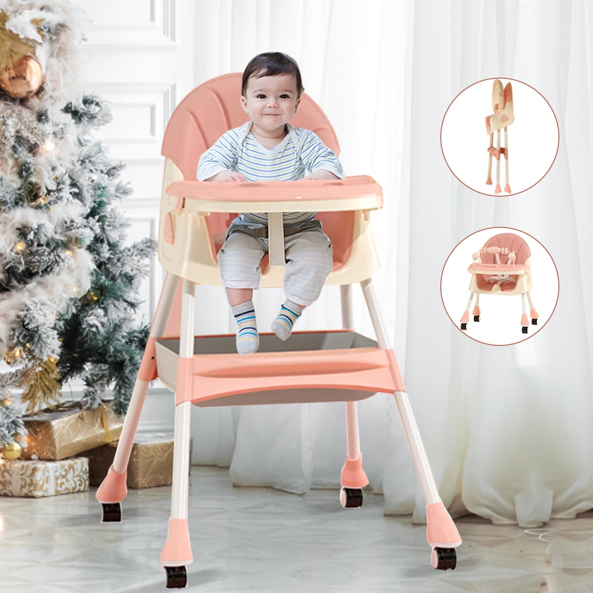 FACNOATIHN Baby High Chair, 4-in-1 Foldable Highchair Dining Feeding Chair with Five-Point Harness Double Dining Plate & Toy Rack, Infant to Toddler, Pink - Image 10