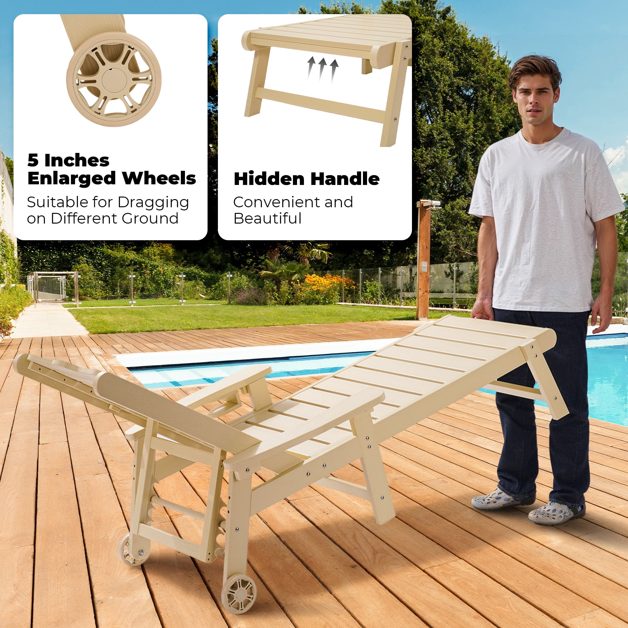 Naipo 1pc/2pcs Outdoor Lounge Chair with 5-Level Adjustable Backrest, Patio Chaise Lounge CupHolder, No Rust, No Fade, No Break with Enlarged Wheels, 350lbs - Image 7