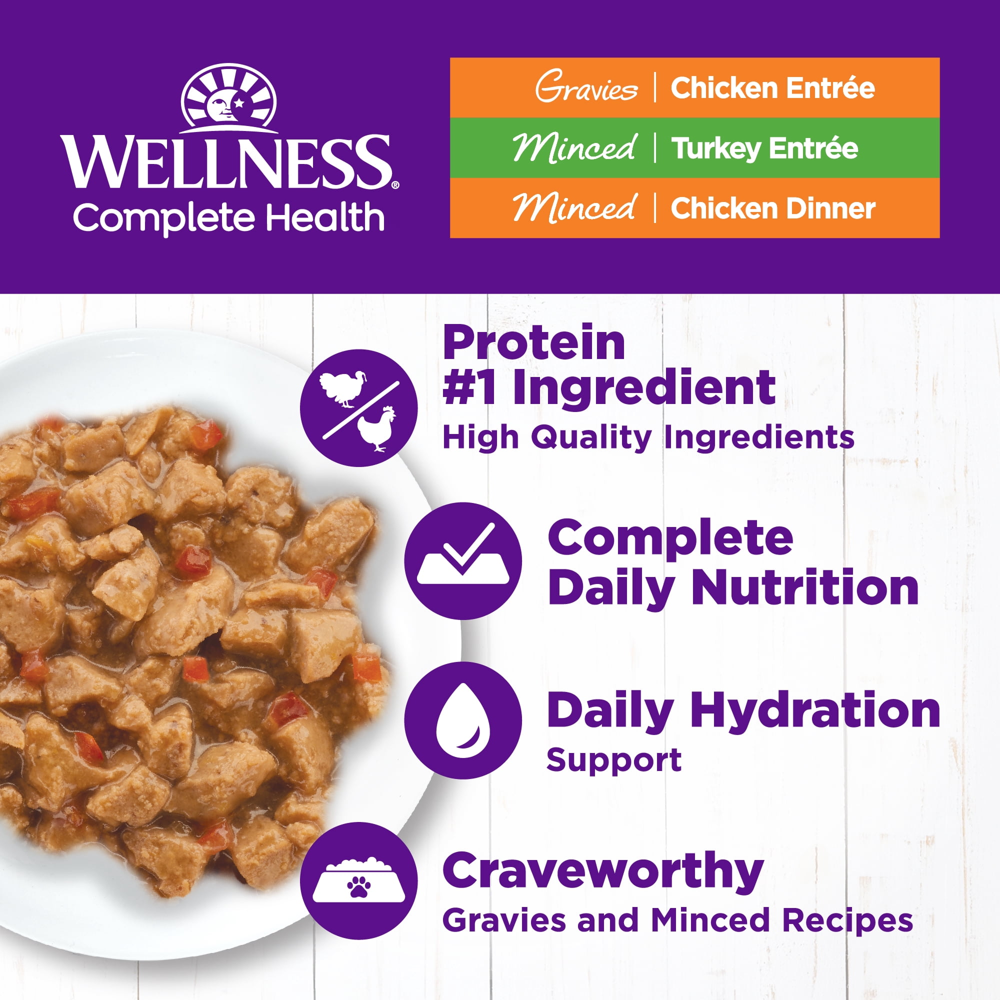 Wellness Complete Health Gravy & Minced Adult Wet Cat Food, Natural, Protein-Rich, Grain Free, 3 Ounce , 24 Pack, (Chicken & Turkey Lovers Variety Pack) - Image 2