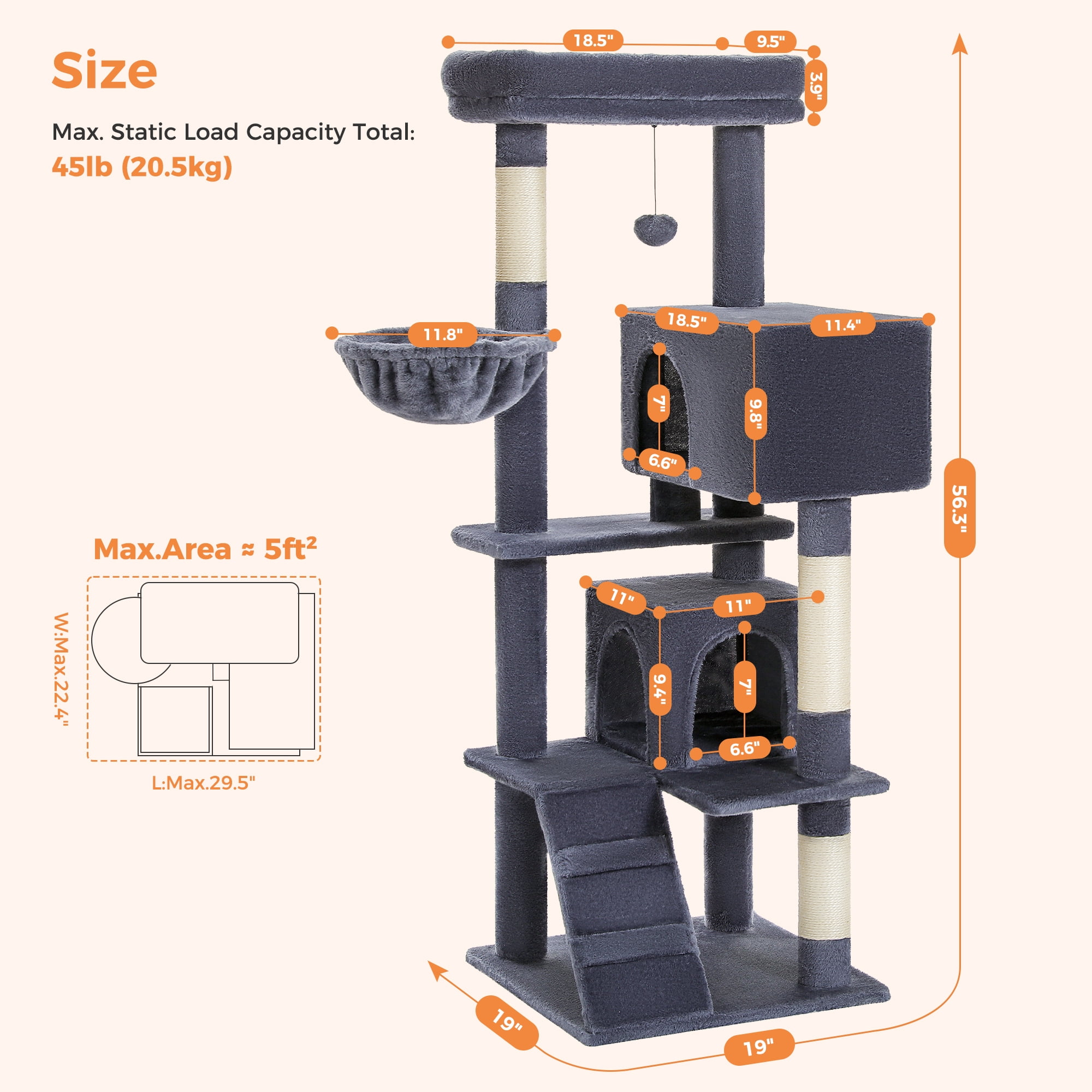 PEQULTI 56" Multi-Level Cat Tree with Double Condos and Sisal Post Large Cat Tower Indoor Dark Gary - Image 5