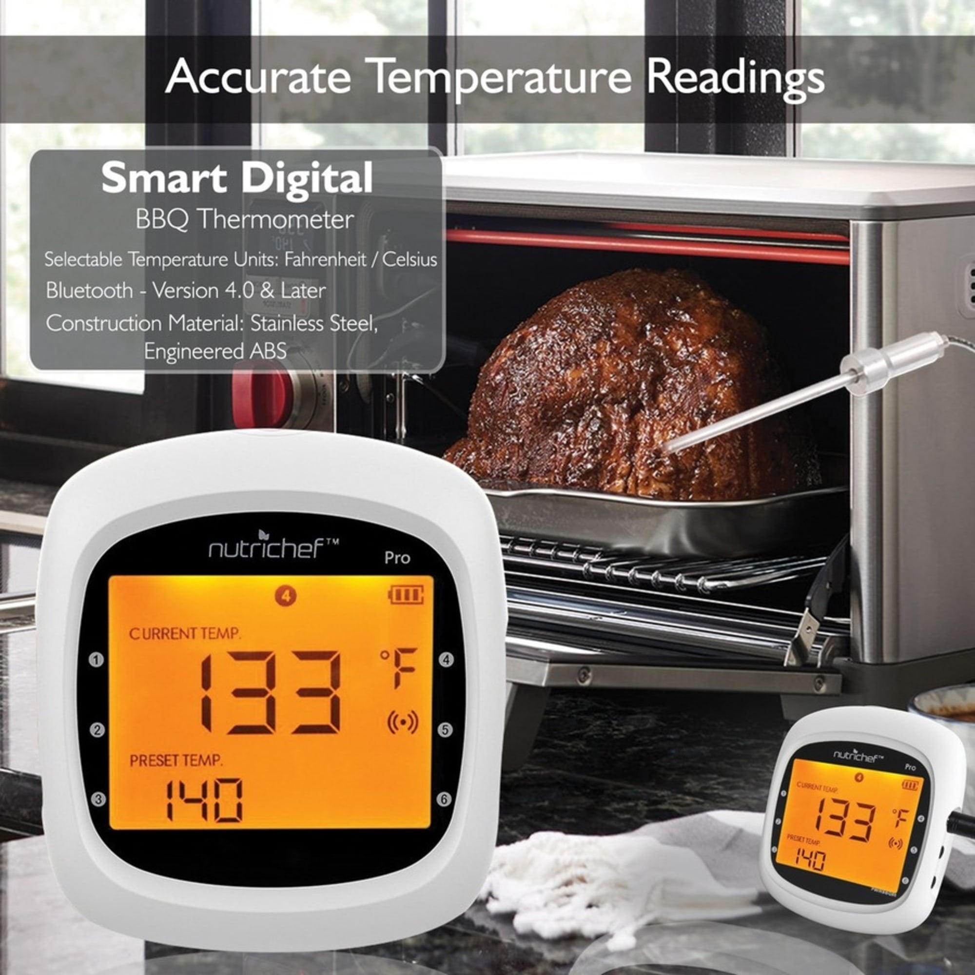 NutriChef Smart Bluetooth BBQ Grill Thermometer PWIRBBQ80 - Indicator Light, Wireless, Digital Display, Backlight, Temperature History, Alarm, Hassle-free - For Barbecue - White, Black - Image 8