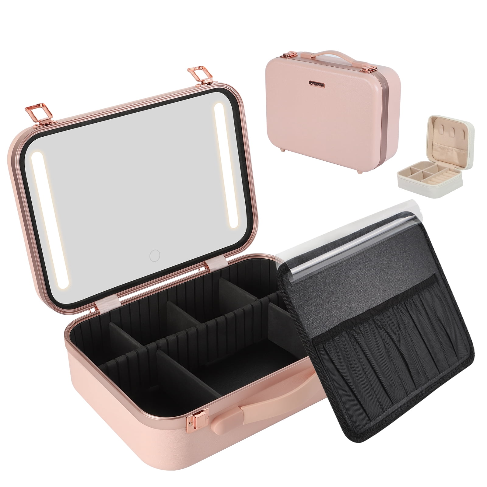 ZXMT 15" Pink Makeup Train Case with Mirror & Light & Jewelry Organizer Cosmetic Case Box with Brushes Board - Image 6