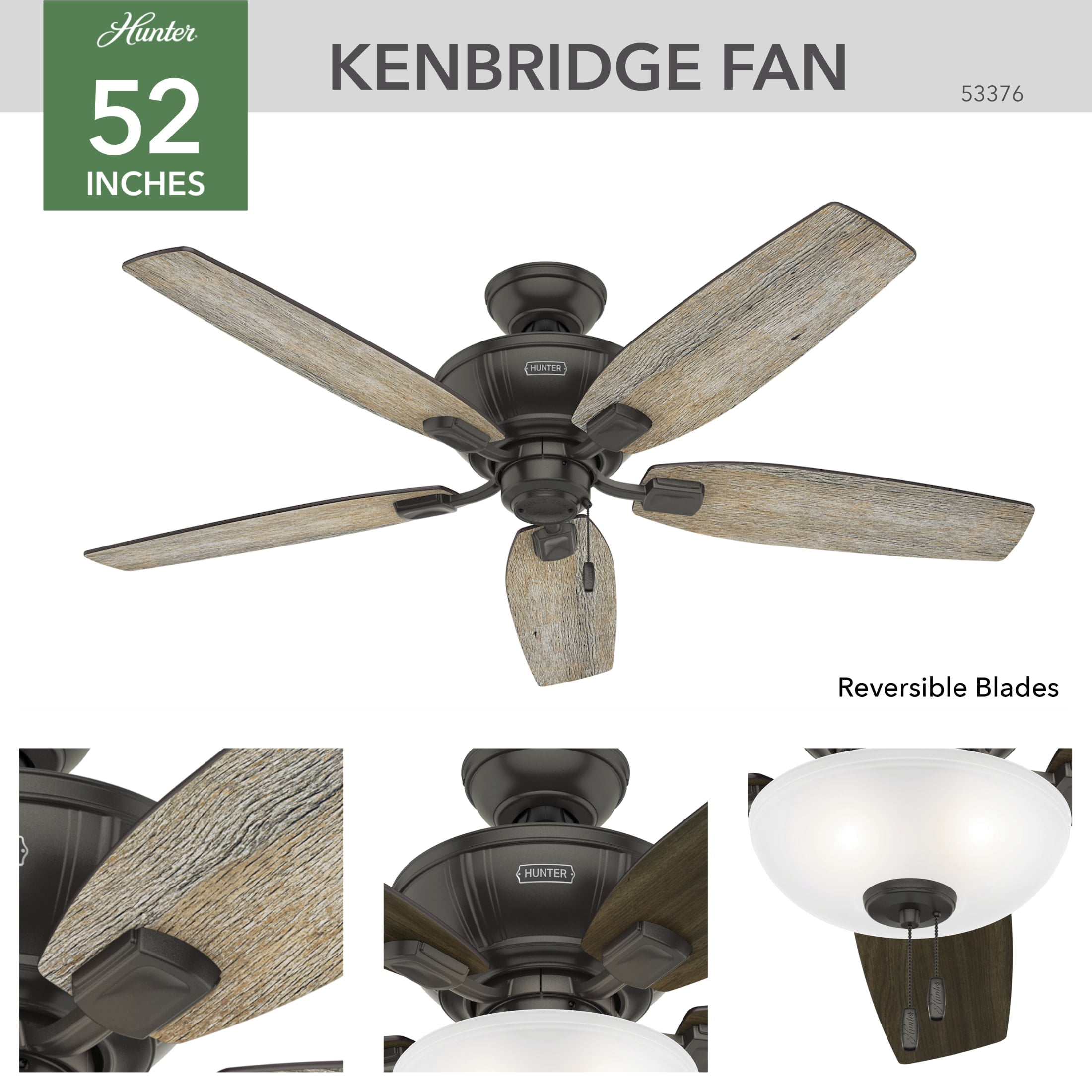 Hunter - Kenbridge Indoor Ceiling Fan With Light, 52-inch, Noble Bronze, Rustic-style, 3-speed WhisperWind Motor, 53376, for living rooms, bedrooms, home offices, kitchens - Image 9