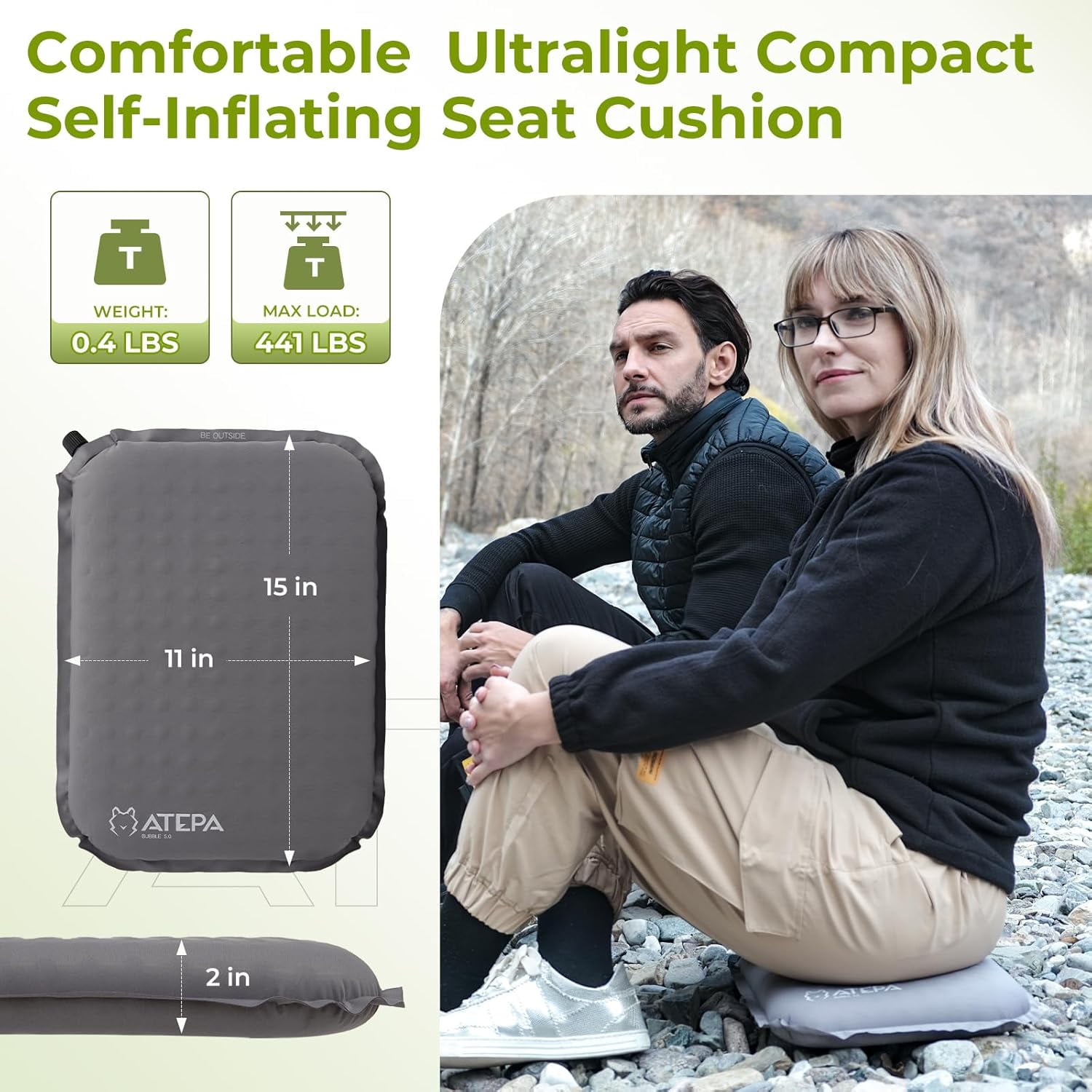 ATEPA Self-inflating Cushion Portable Waterproof LightWeight Memory Foam Seat Pad for Stadium Camping, Chair Pad, Air Travel Chair Pad, Grey - Image 2