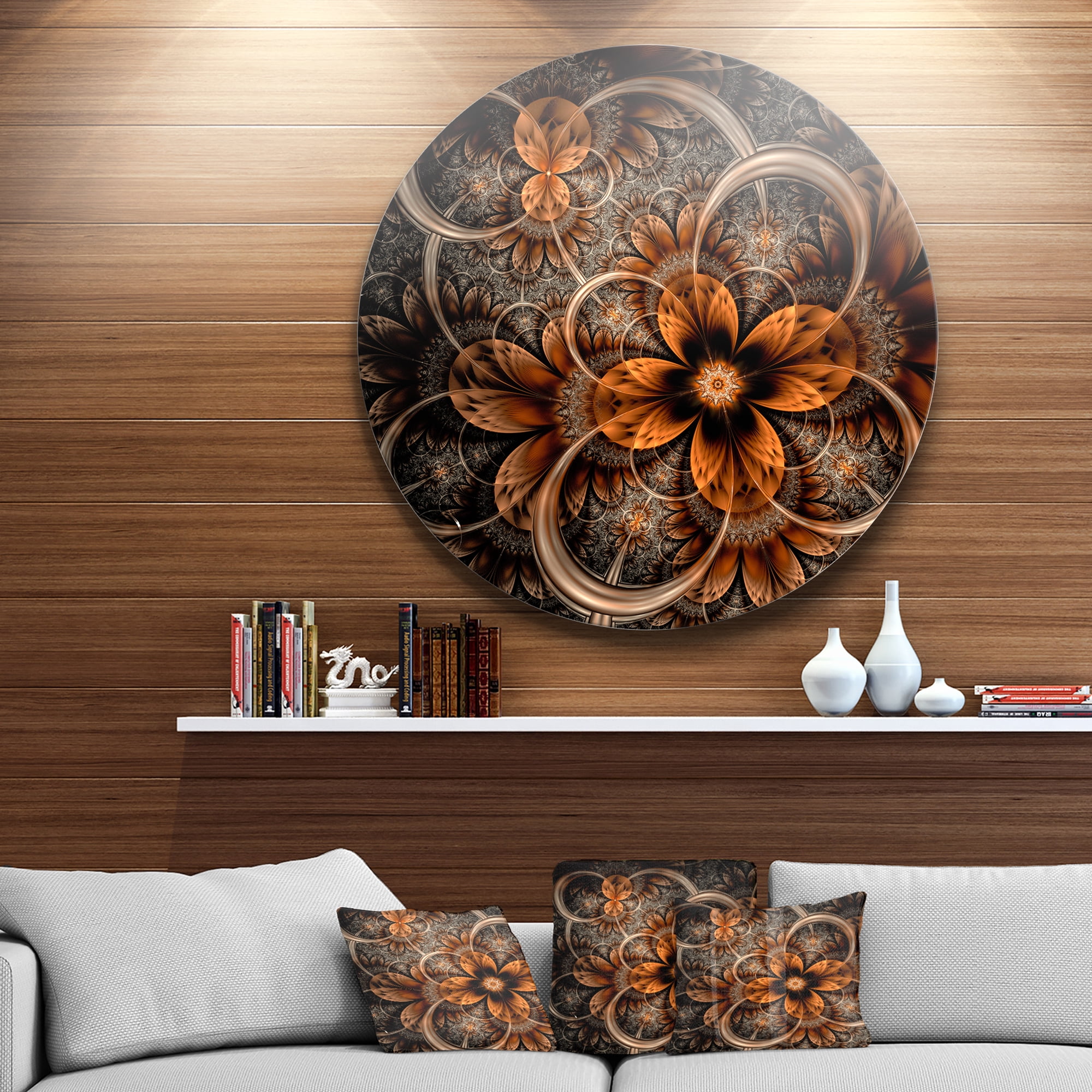 Designart 'Dark Orange Digital Art Fractal Flower' Floral Metal Circle Wall Art - Image 4